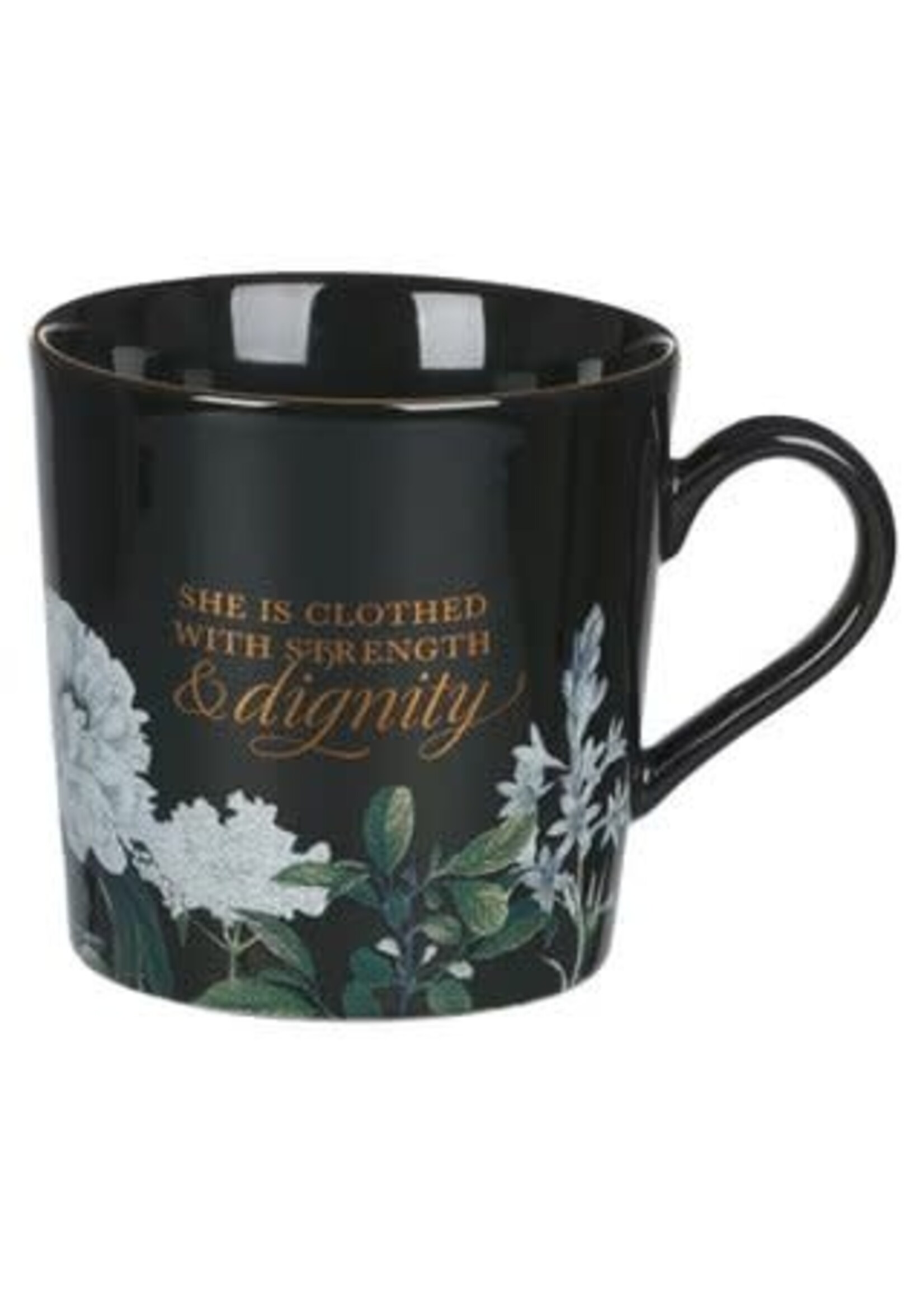 Strength and Dignity Black Floral Ceramic Coffee Mug - Proverbs 31:25