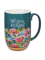 Be Still Teal Watercolor Floral Exposed Clay Base Ceramic Mug - Psalm 46:10