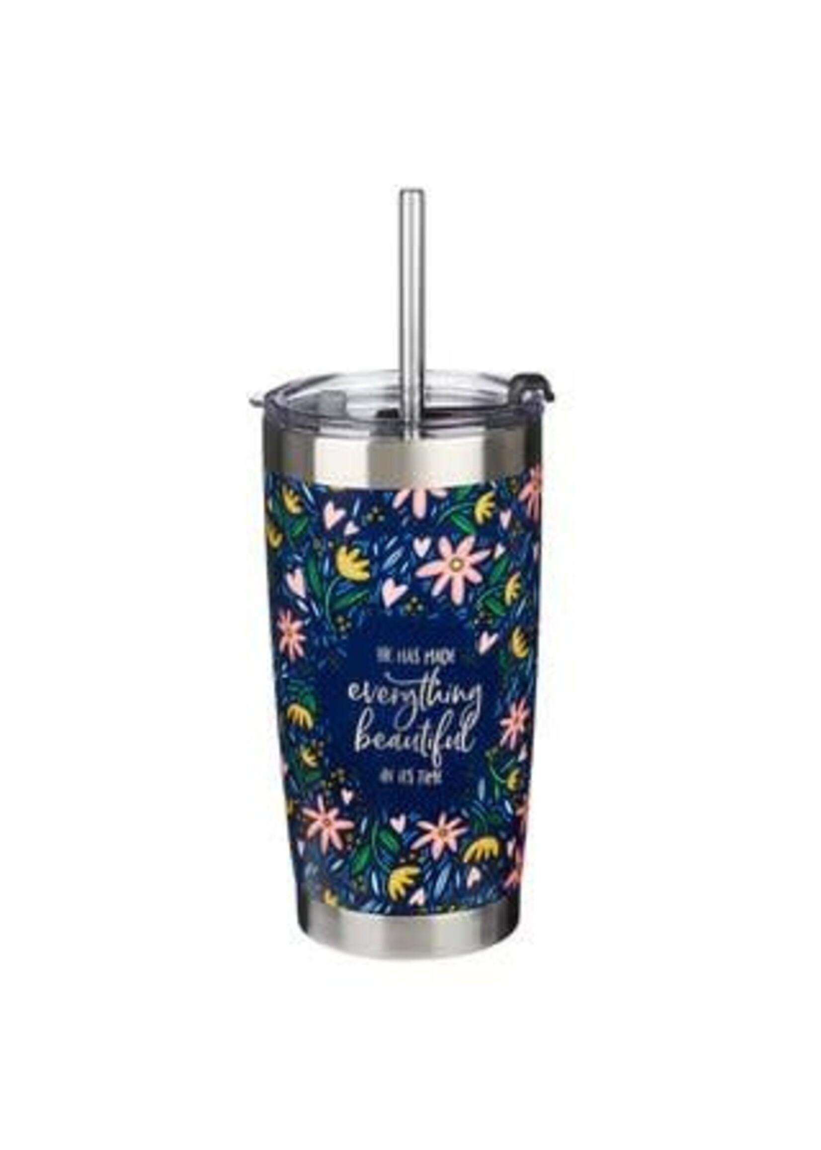 Everything Beautiful Stainless Steel Travel Mug with Reusable Stainless Steel Straw - Ecclesiastes 3:11