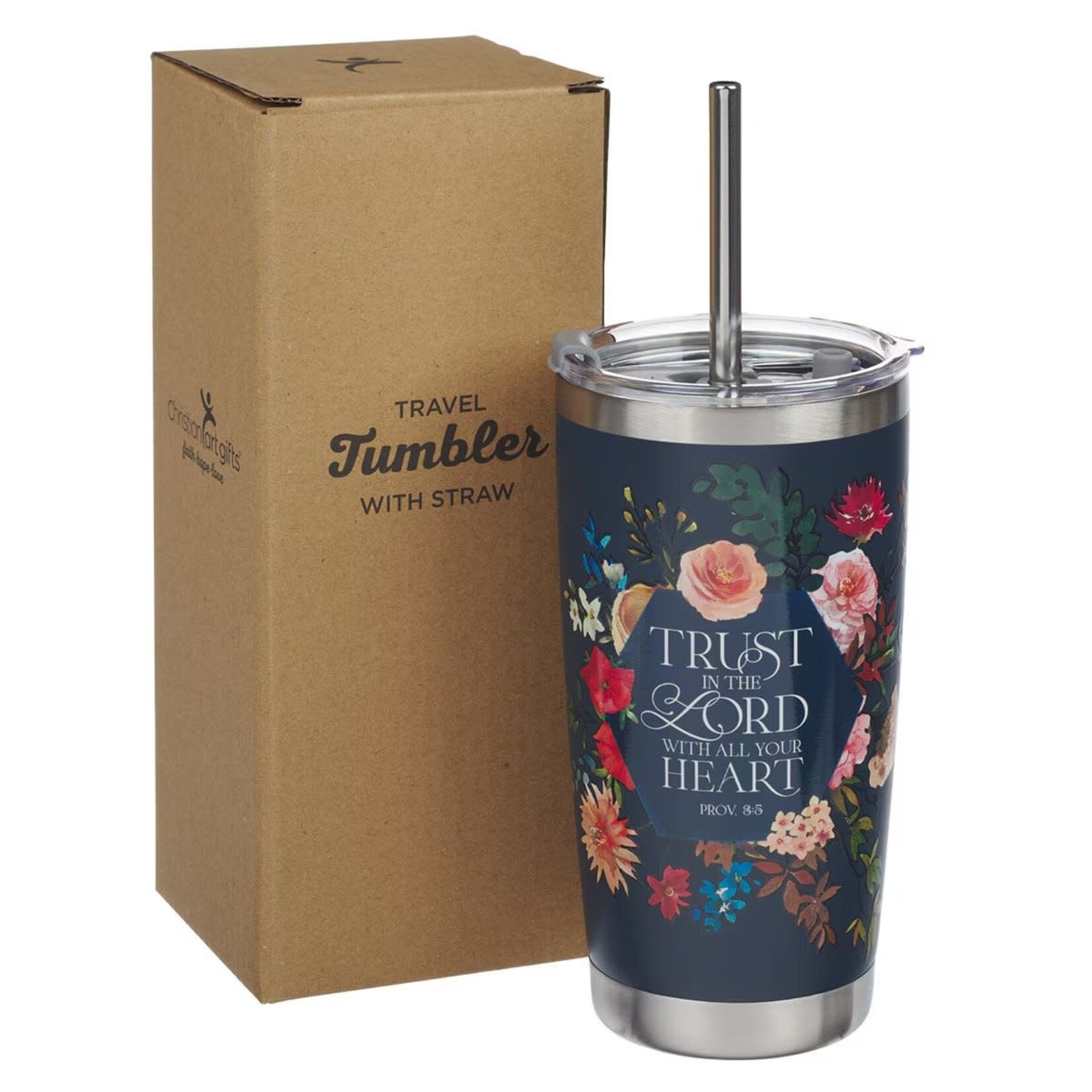 Trust Indigo Blue Floral Stainless Steel Travel Tumbler with Stainless Steel Straw - Proverbs 3:5