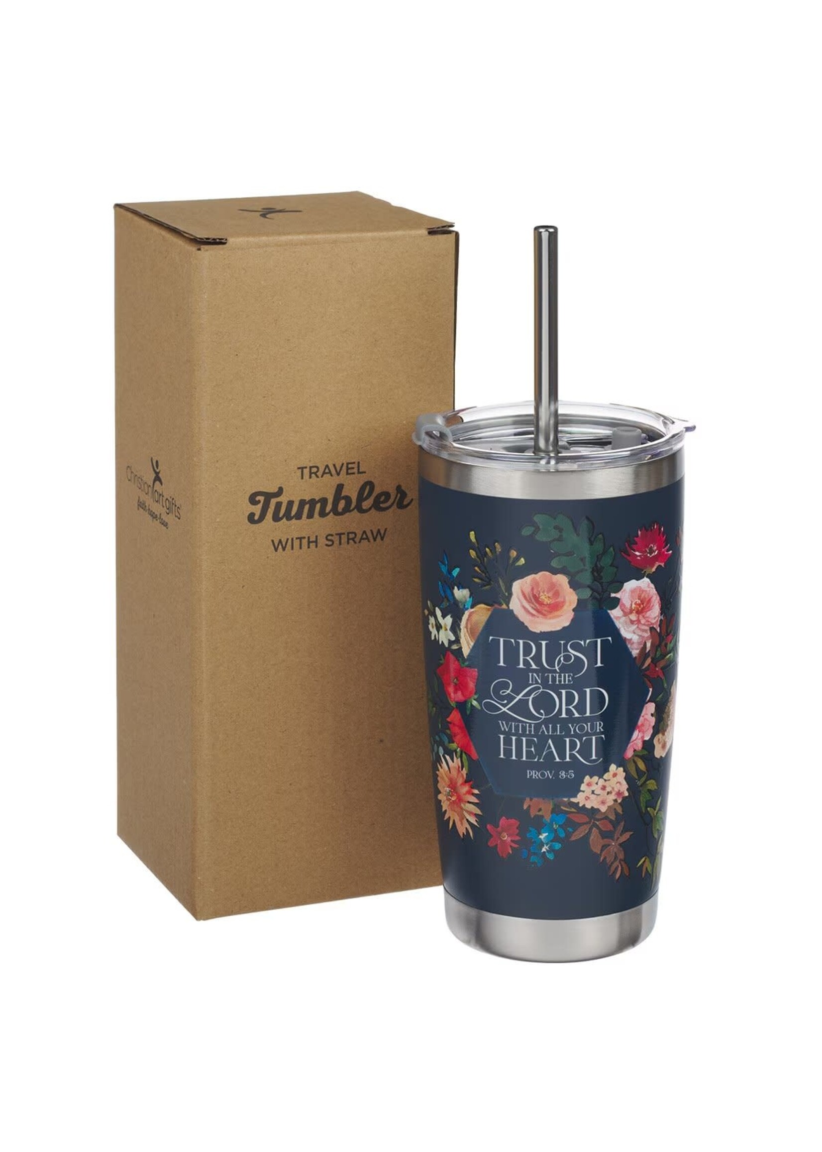 Trust Indigo Blue Floral Stainless Steel Travel Tumbler with Stainless Steel Straw - Proverbs 3:5