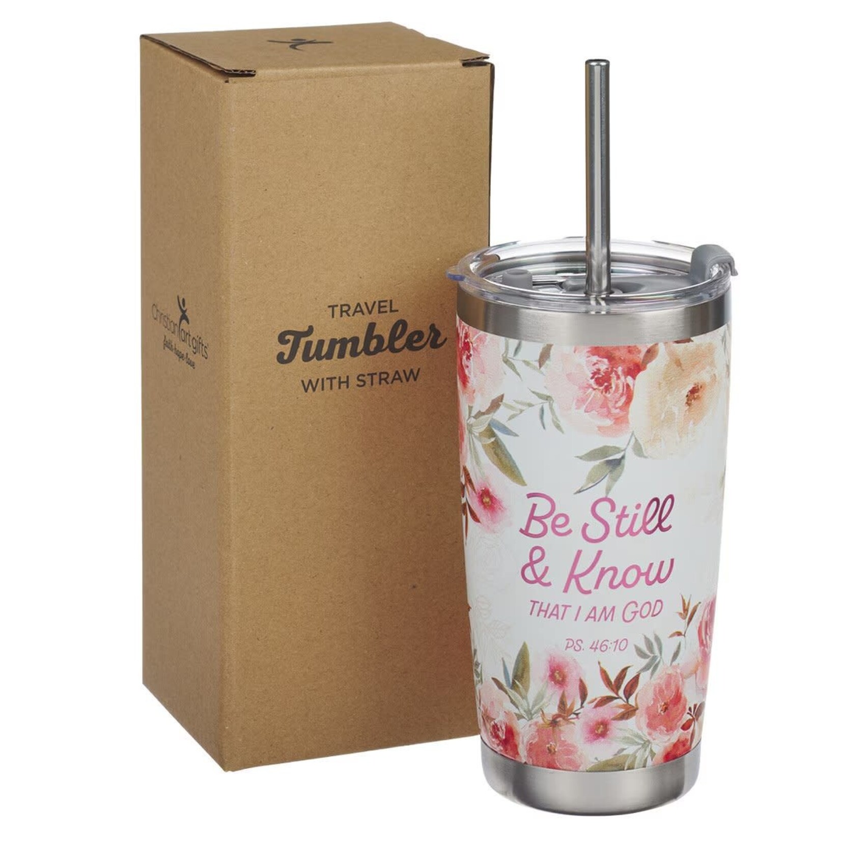 Be Still and Know Bright Floral Stainless Steel Travel Tumbler with Stainless Steel Straw - Psalm 46:10