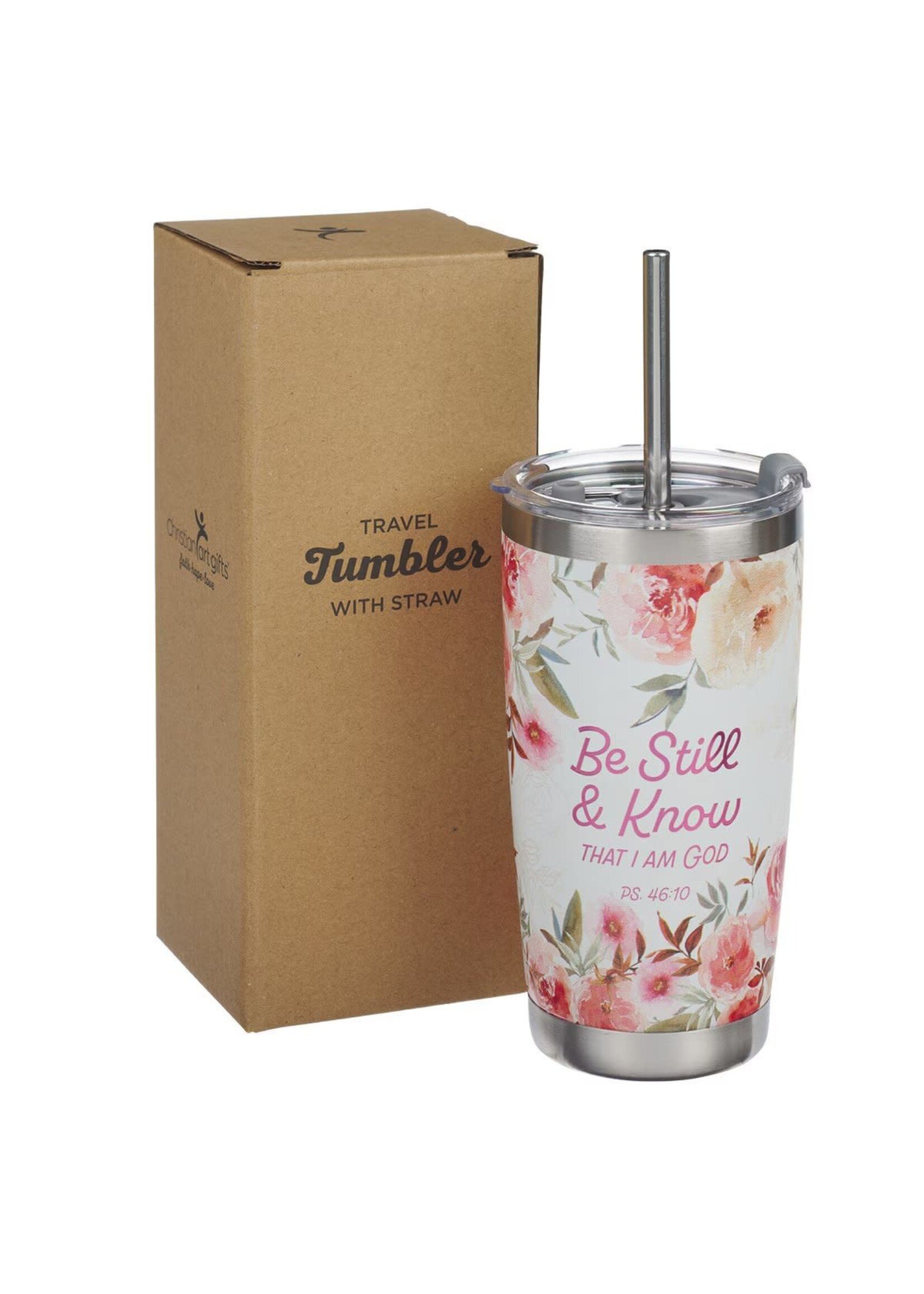 Be Still and Know Bright Floral Stainless Steel Travel Tumbler with Stainless Steel Straw - Psalm 46:10