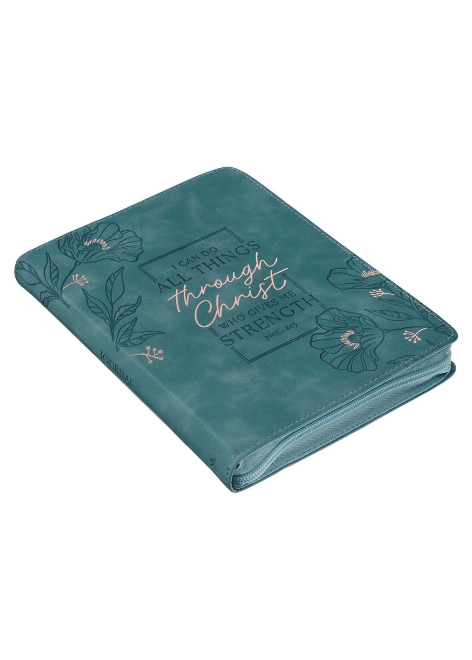 Through Christ Teal Faux Leather Journal with Zippered Closure - Philippians 4:13