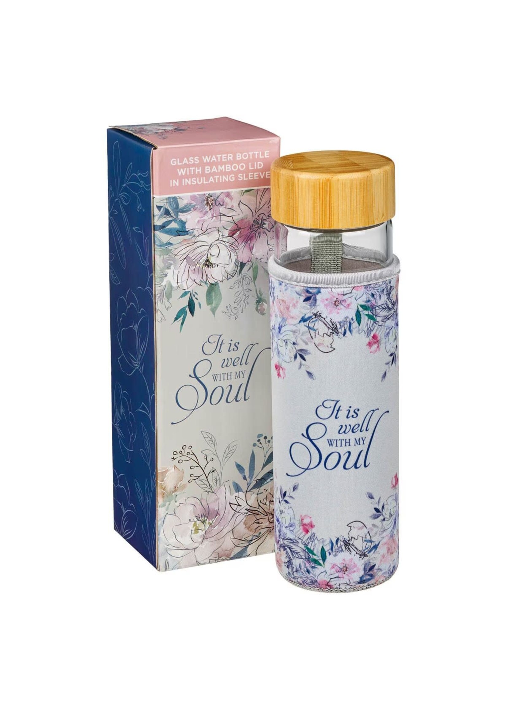 Well With My Soul Hymn Glass Water Bottle with Bamboo Lid and Sleeve