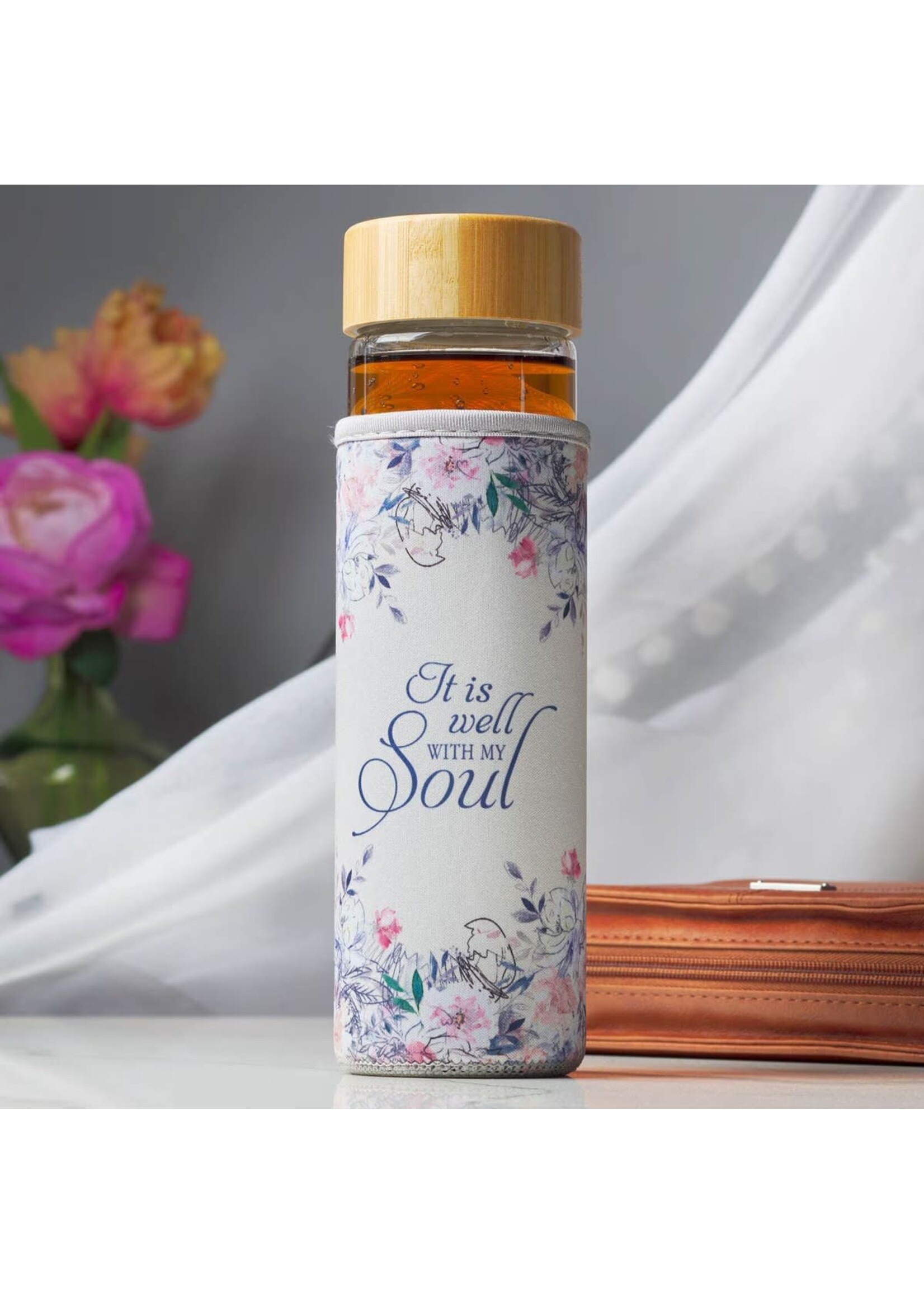 Well With My Soul Hymn Glass Water Bottle with Bamboo Lid and Sleeve