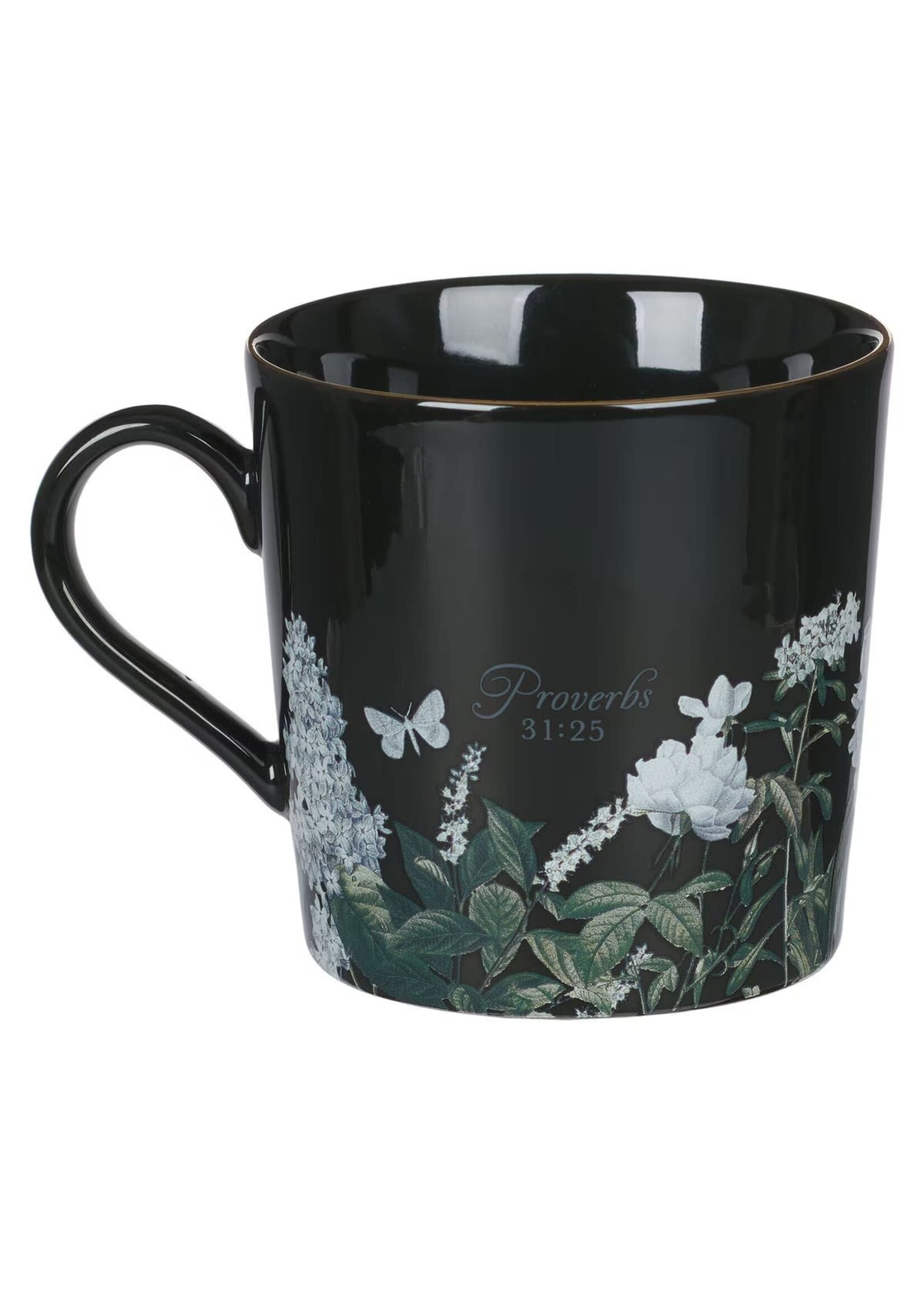 Strength and Dignity Black Floral Ceramic Coffee Mug - Proverbs 31:25