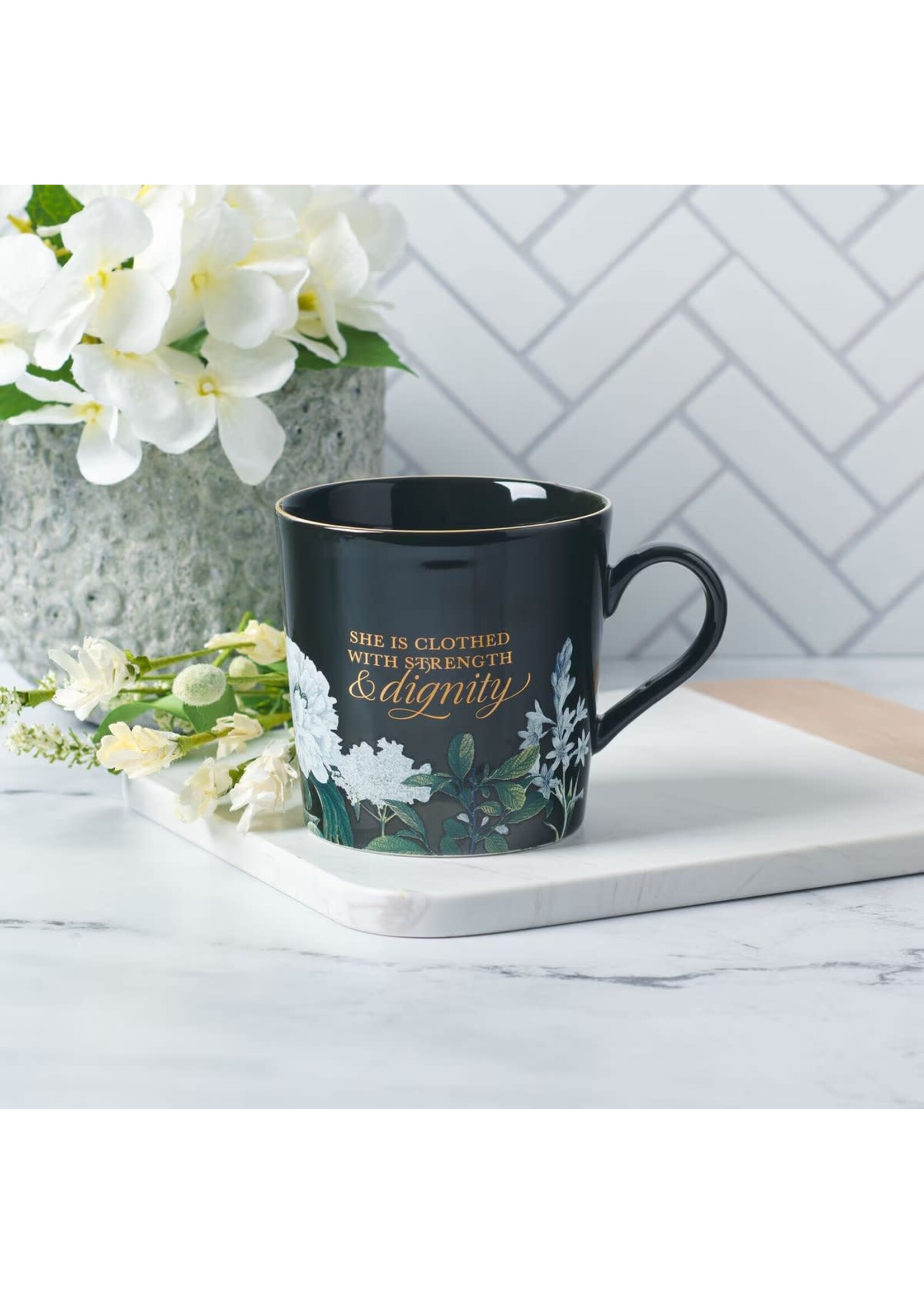 Strength and Dignity Black Floral Ceramic Coffee Mug - Proverbs 31:25