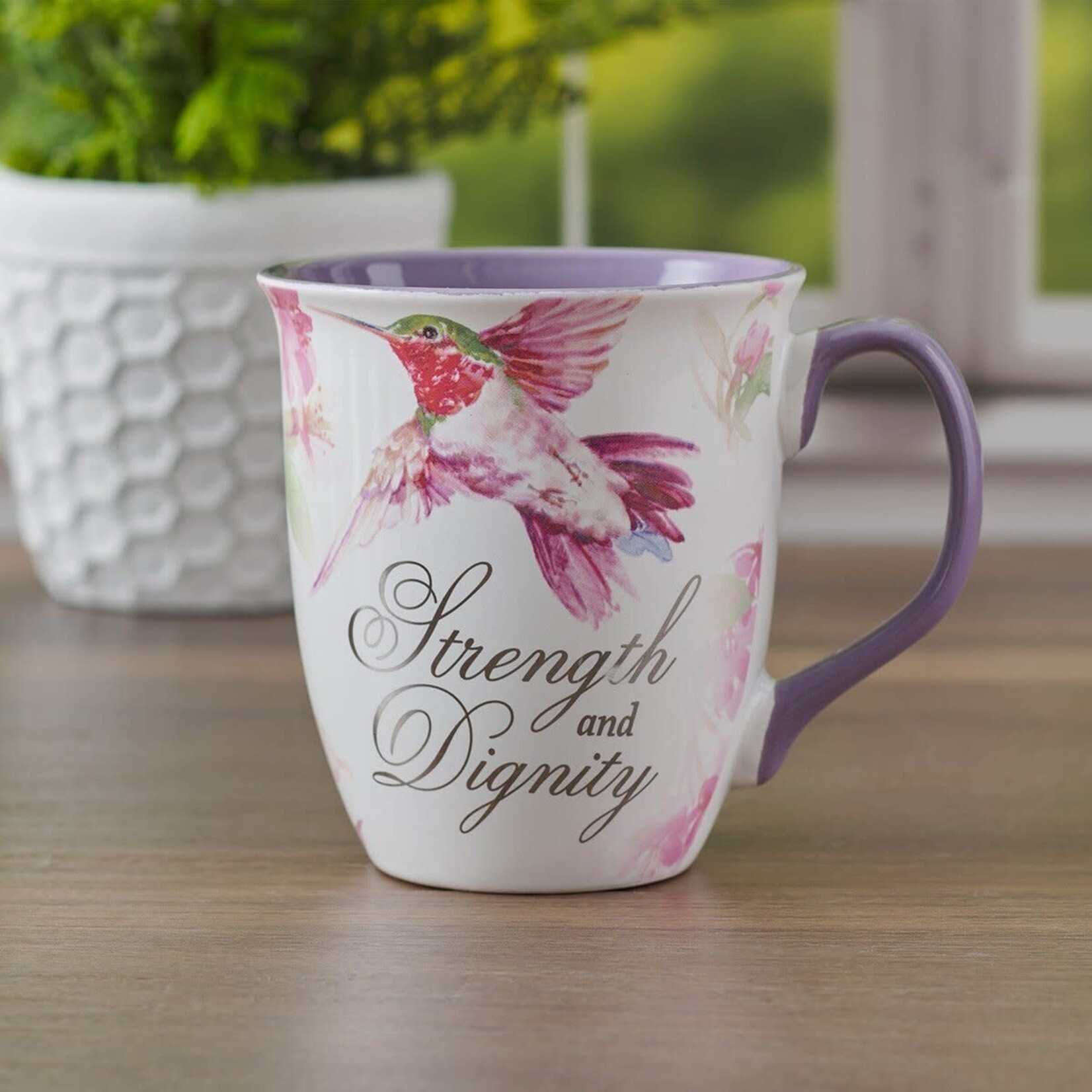 Strength and Dignity Hummingbird Purple Ceramic Coffee Mug - Proverbs 31:25