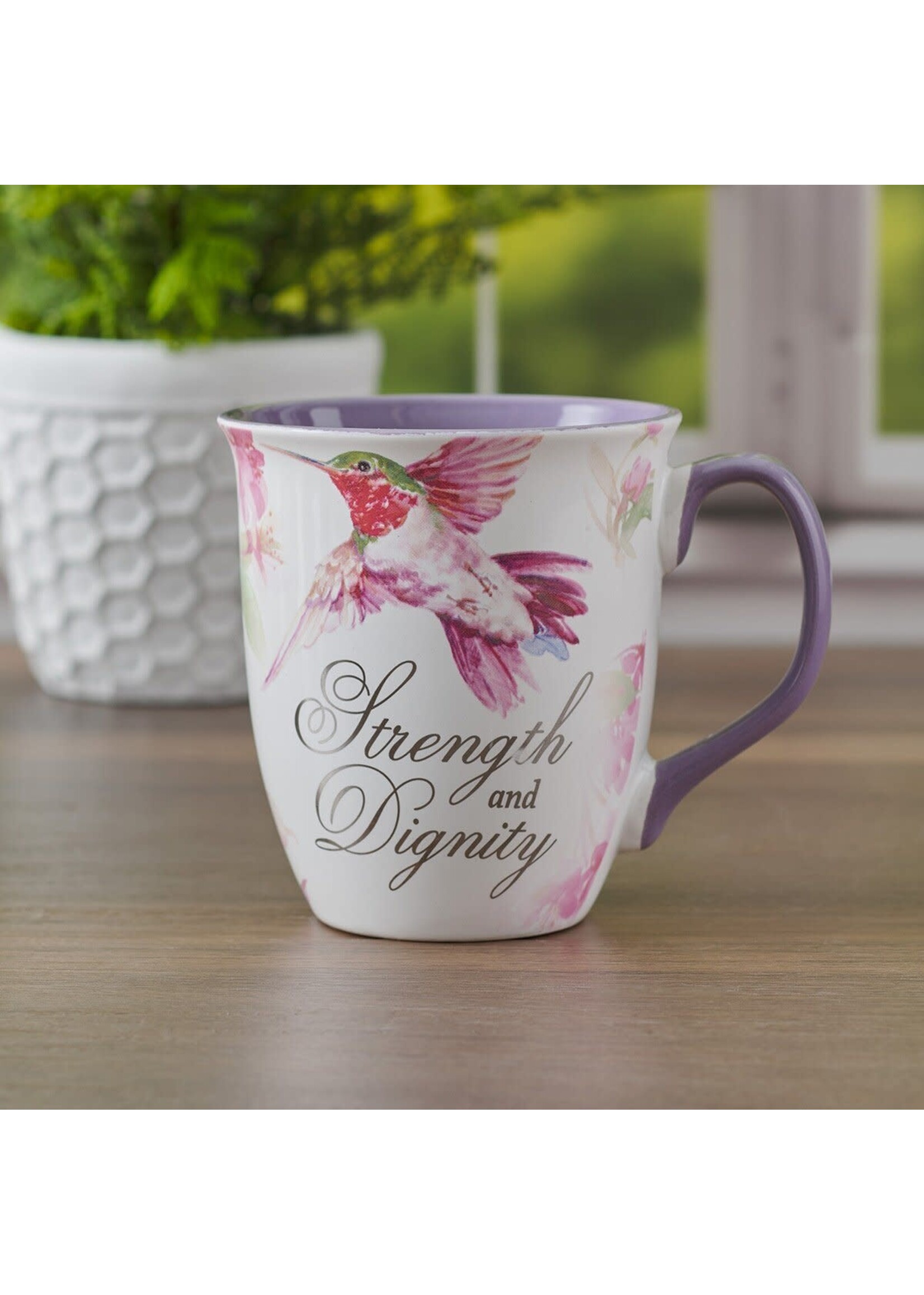 Strength and Dignity Hummingbird Purple Ceramic Coffee Mug - Proverbs 31:25