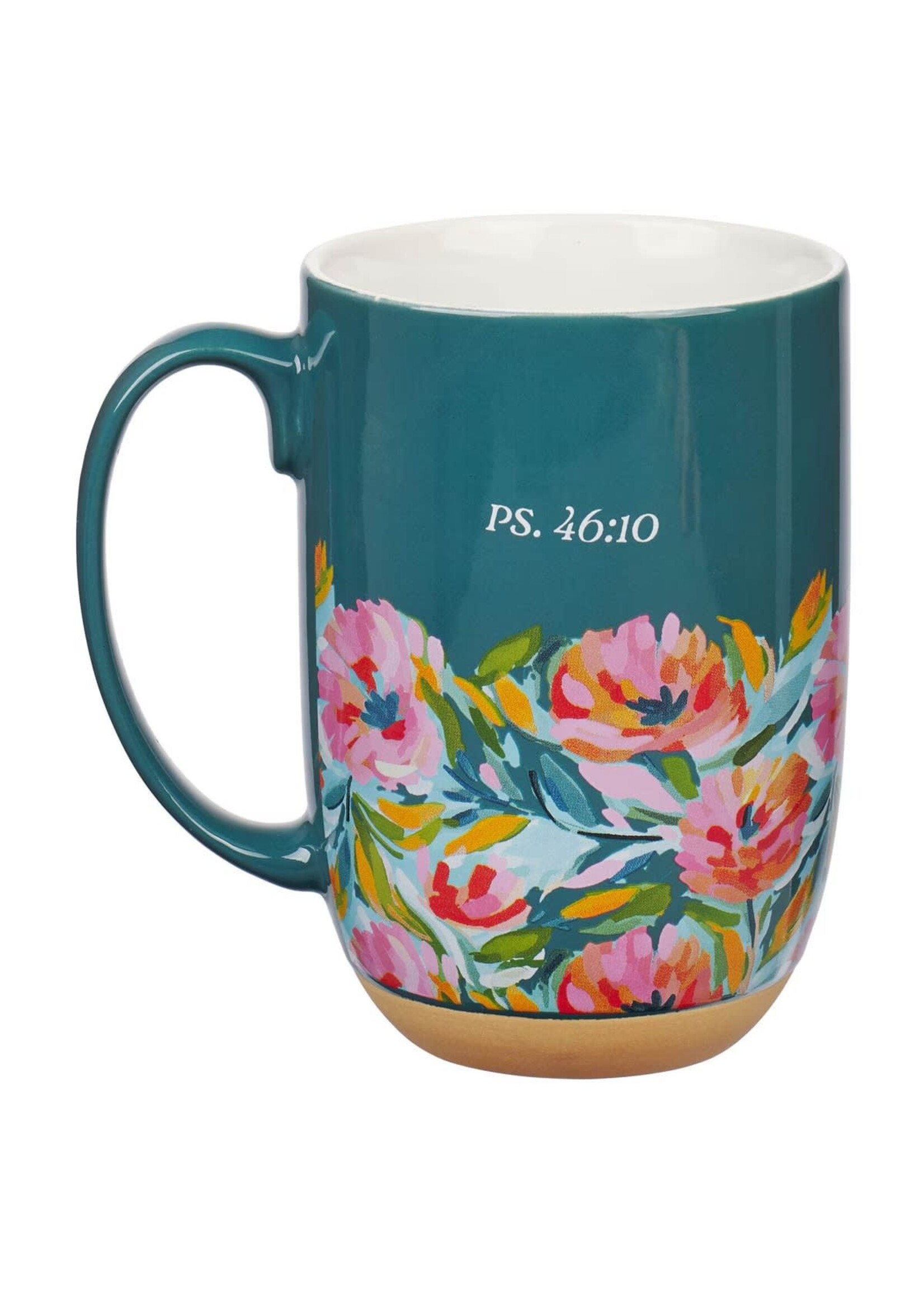 Be Still Teal Watercolor Floral Exposed Clay Base Ceramic Mug - Psalm 46:10