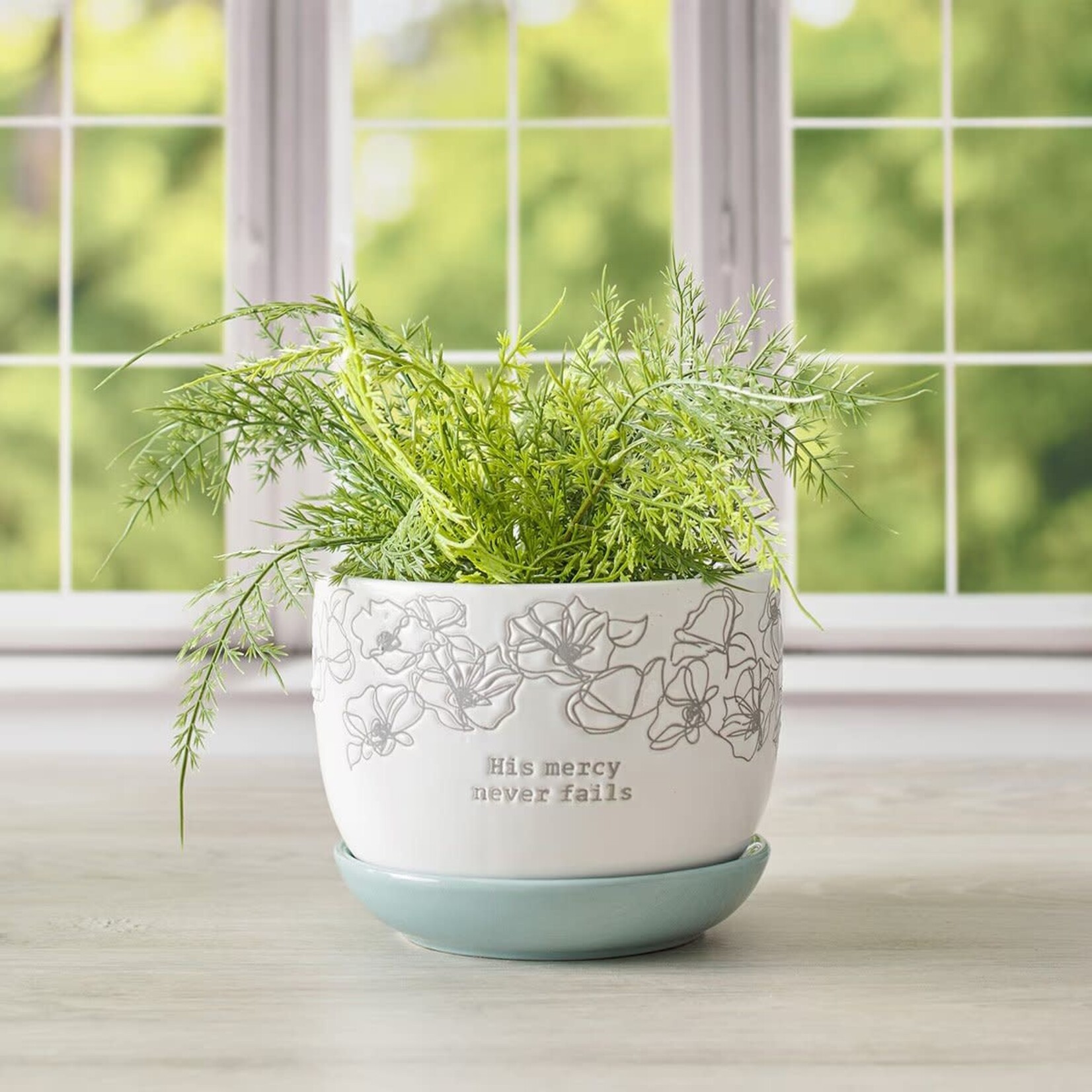 Mercy White and Light Blue Planter Pot with Saucer