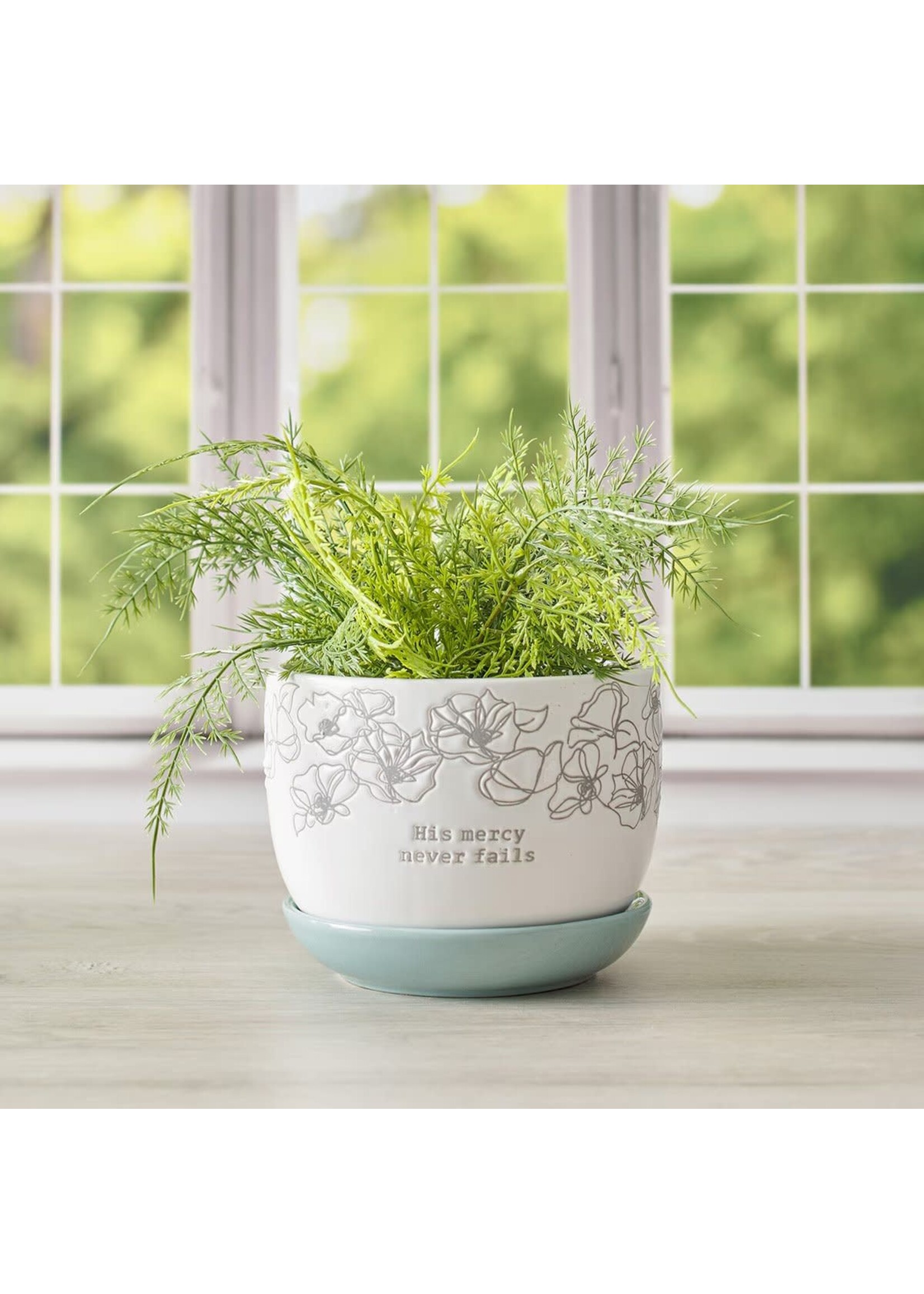 Mercy White and Light Blue Planter Pot with Saucer