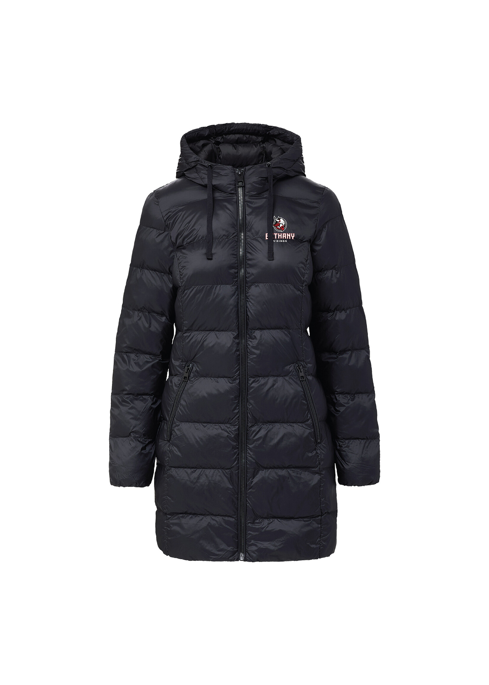 MV Sport Weatherproof Ladies Polyfill 3/4 Puffer Hood Jacket- Black