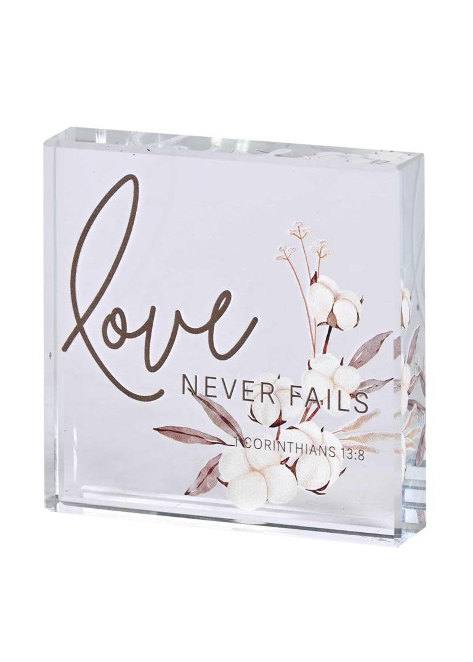 Love Never Fails Tabletop Glass Plaque
