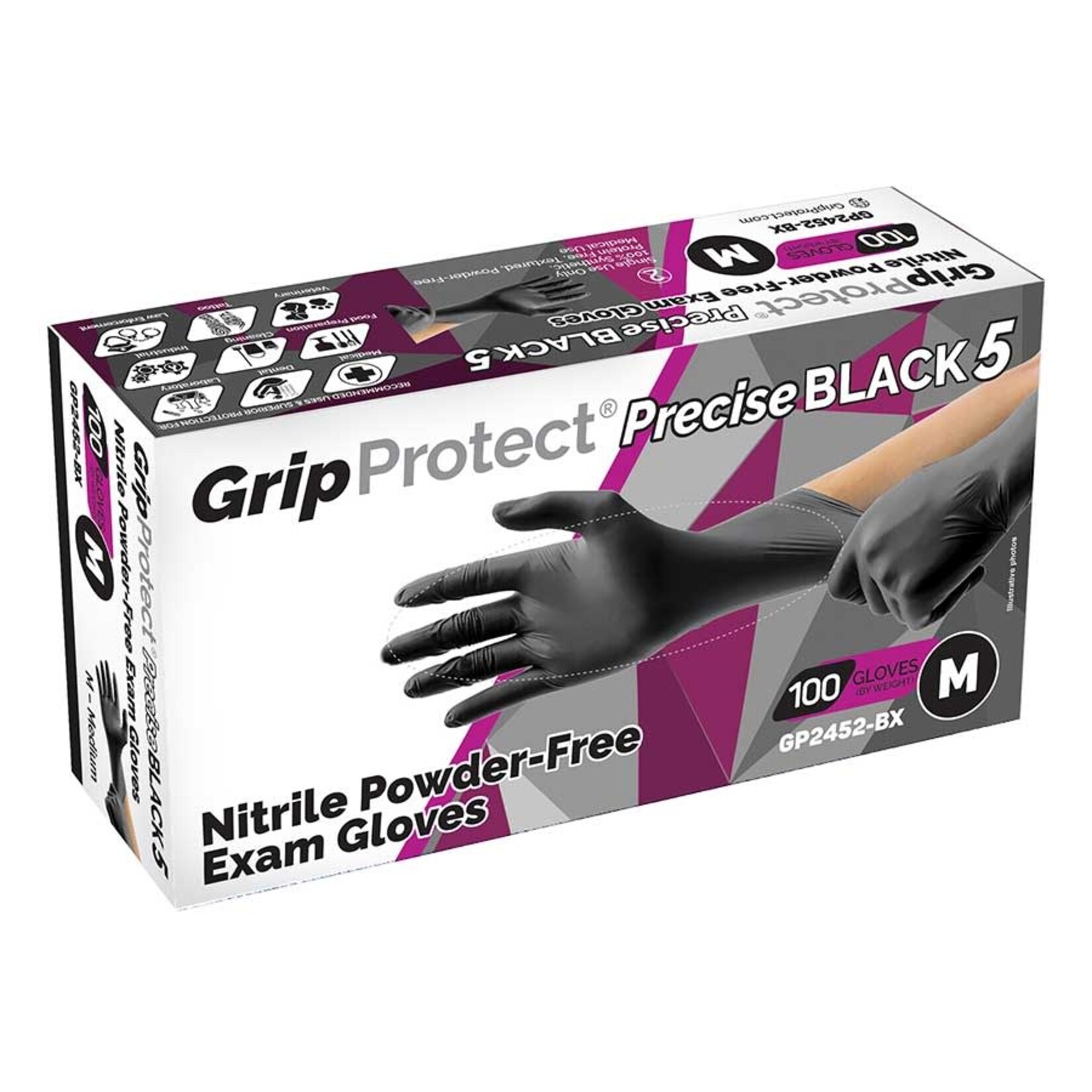 BMC Protect GripProtect Precise BLACK 5 Nitrile Powder-Free Exam Gloves, S - Single Box (100 Gloves)