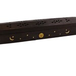 Faire Hand Carved Wooden Incense Burner Box - Sun & Moon (Db)