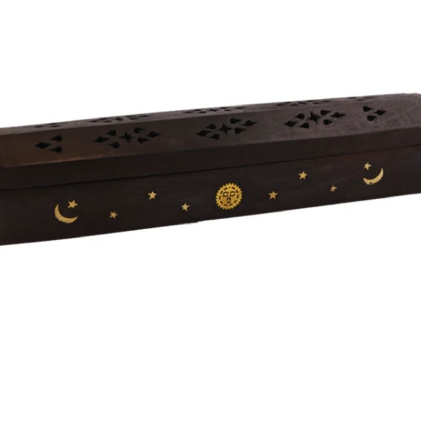 Faire  Hand Carved Wooden Incense Burner Box - Sun & Moon (Db)