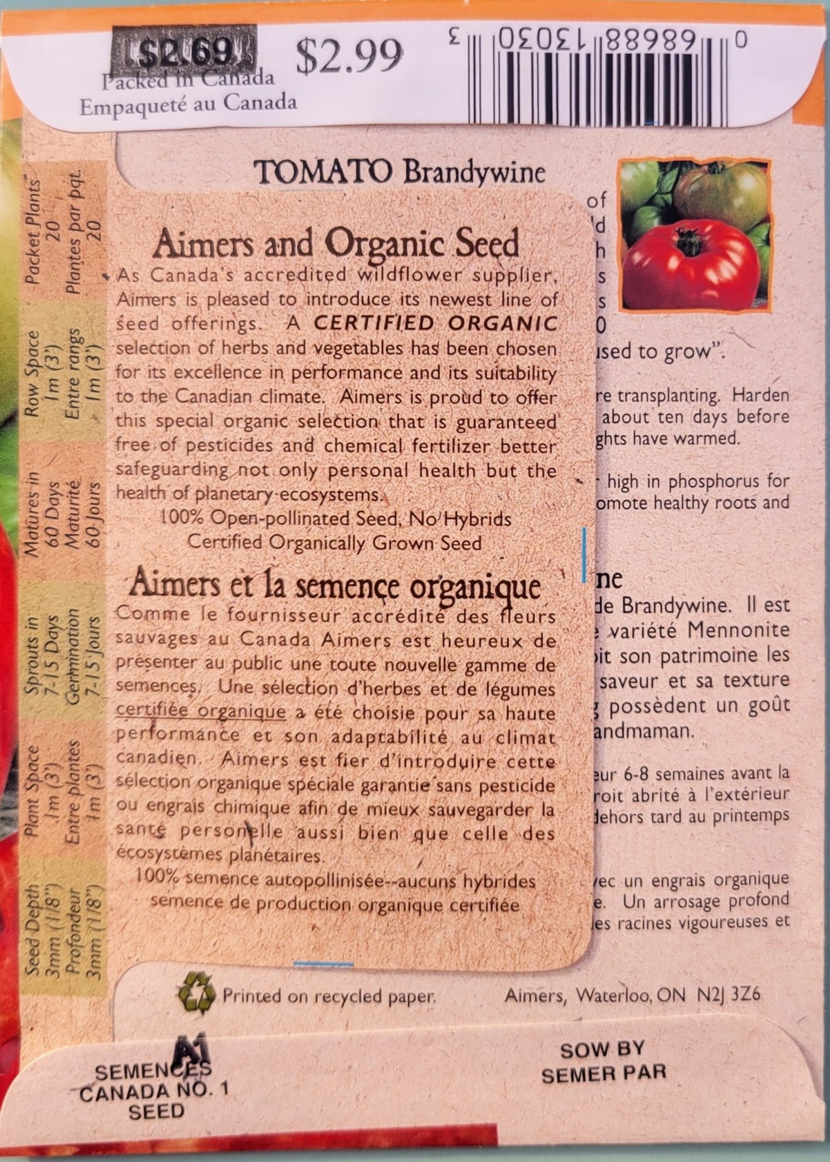 Aimers Organic Seeds Brandywine Tomato Organic