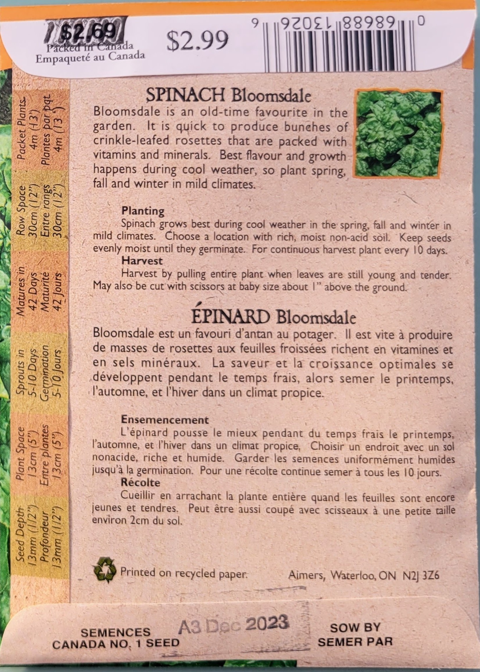 Aimers Organic Seeds Bloomsdale Spinach Certified Organic