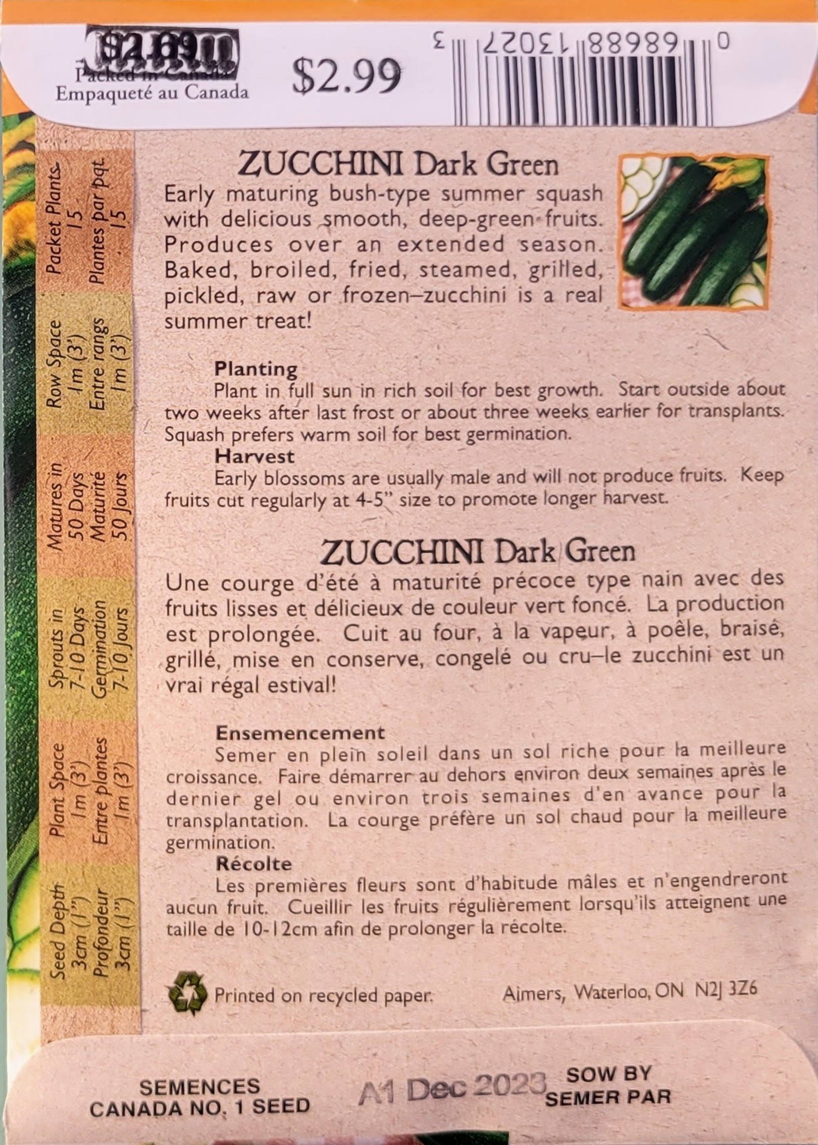 Aimers Organic Seeds Dark Green Zucchini Certified Organic