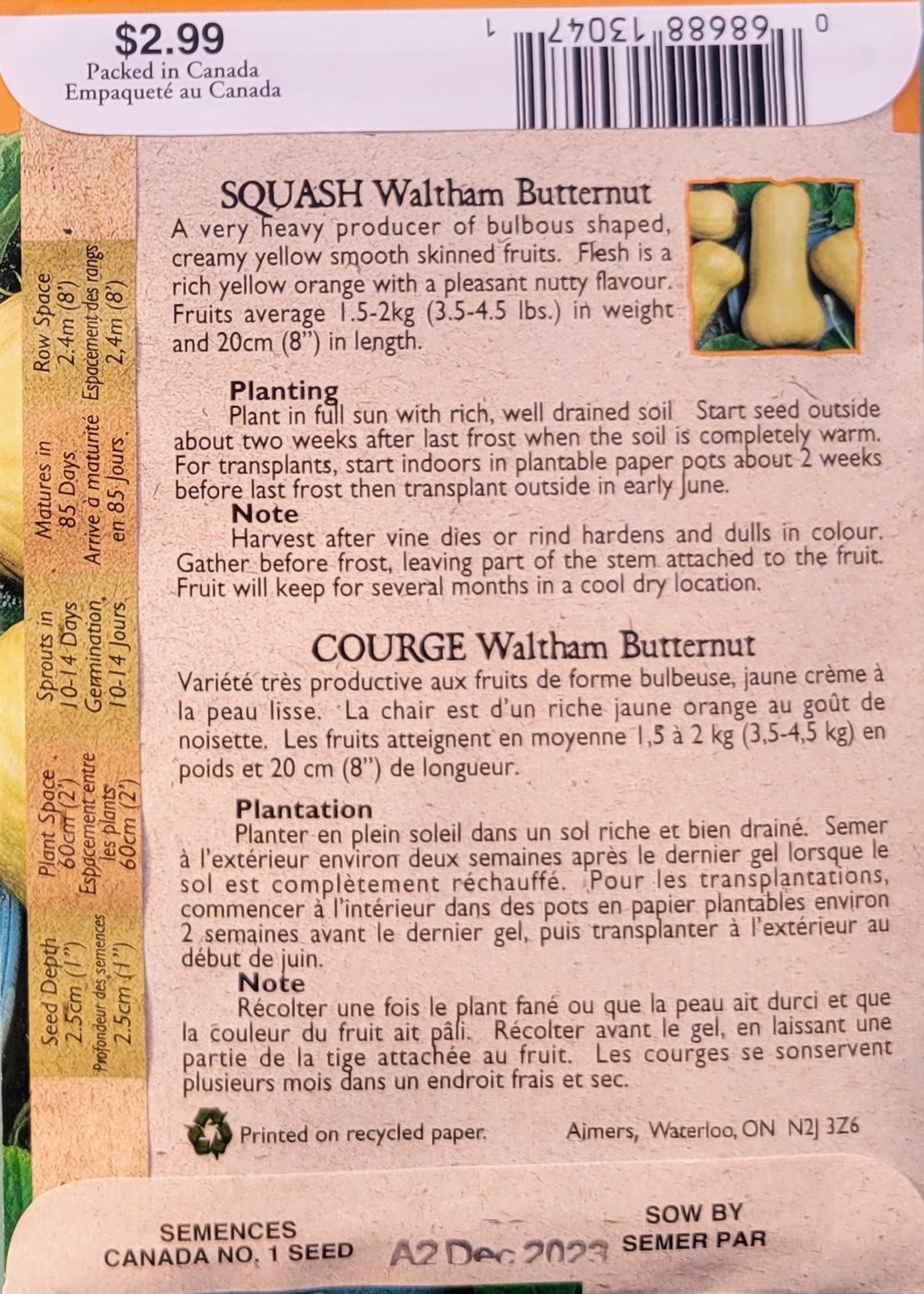 Aimers Organic Seeds Waltham Butternut Squash Certified Organic