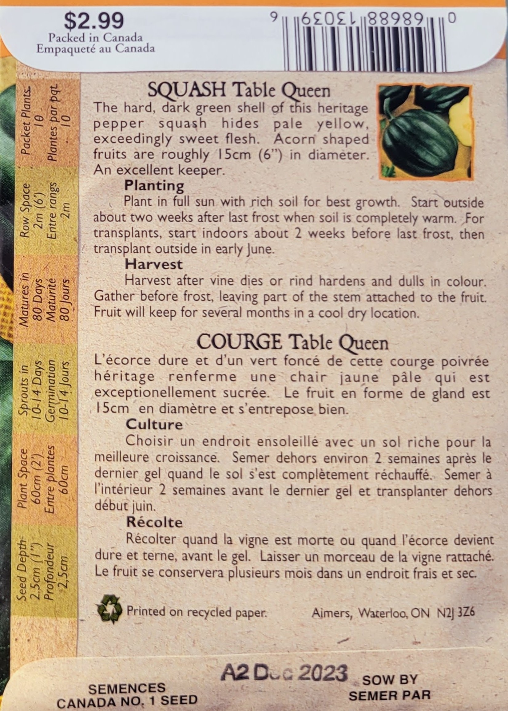 Aimers Organic Seeds Table Queen Acorn Squash Certified Organic