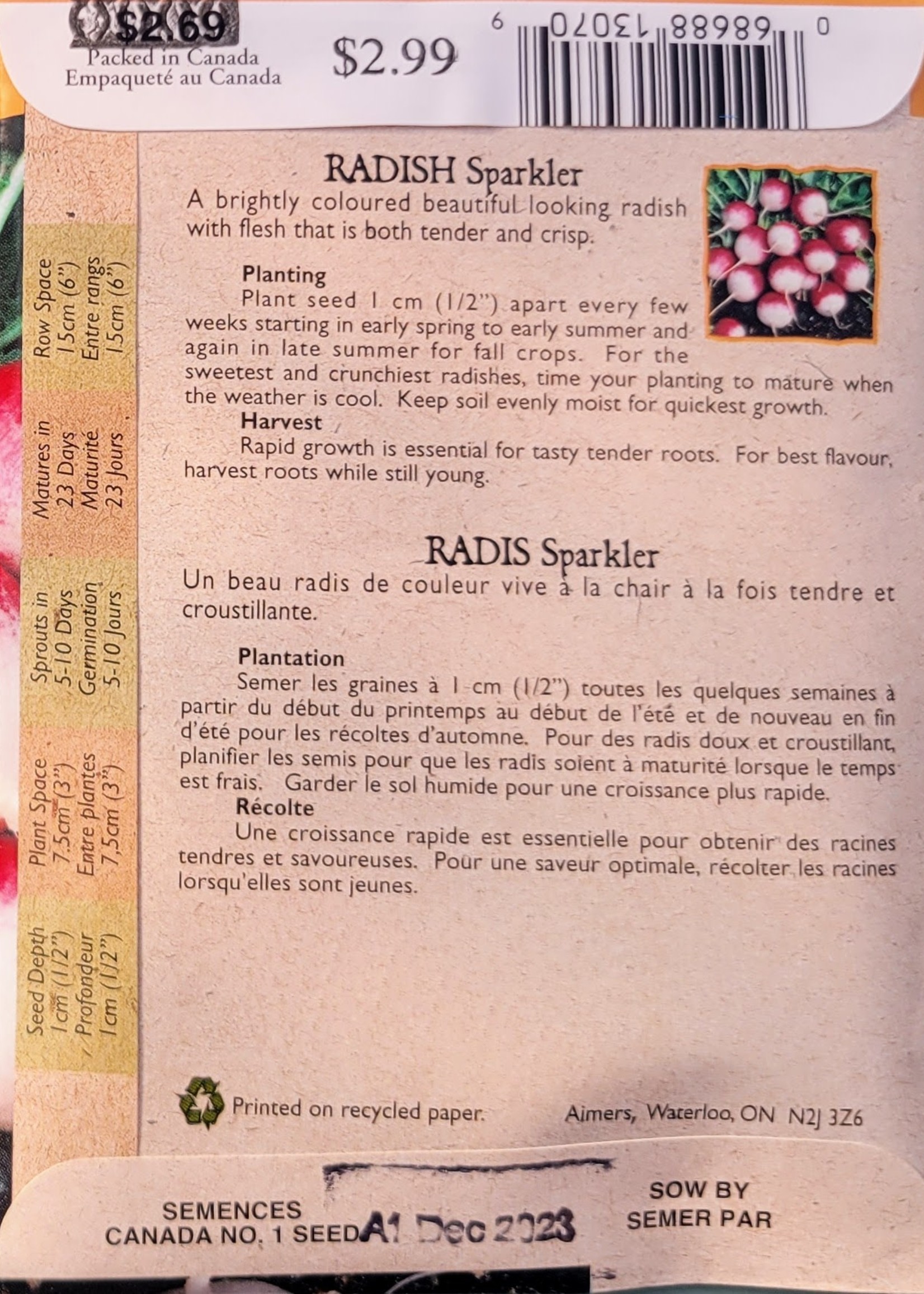 Aimers Organic Seeds Sparkler Radish Certified Organic