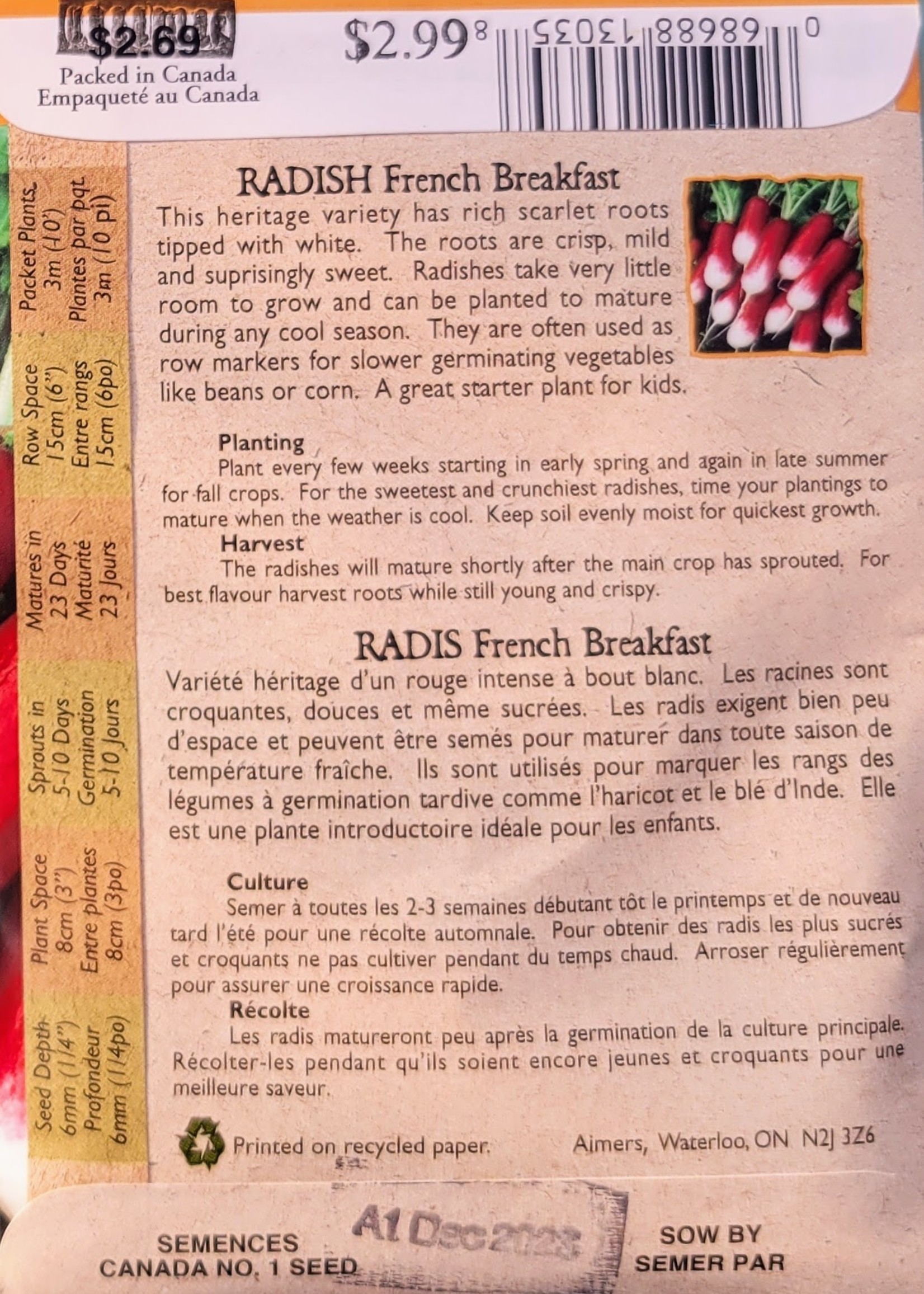 Aimers Organic Seeds French Breakfast Radish Certified Organic