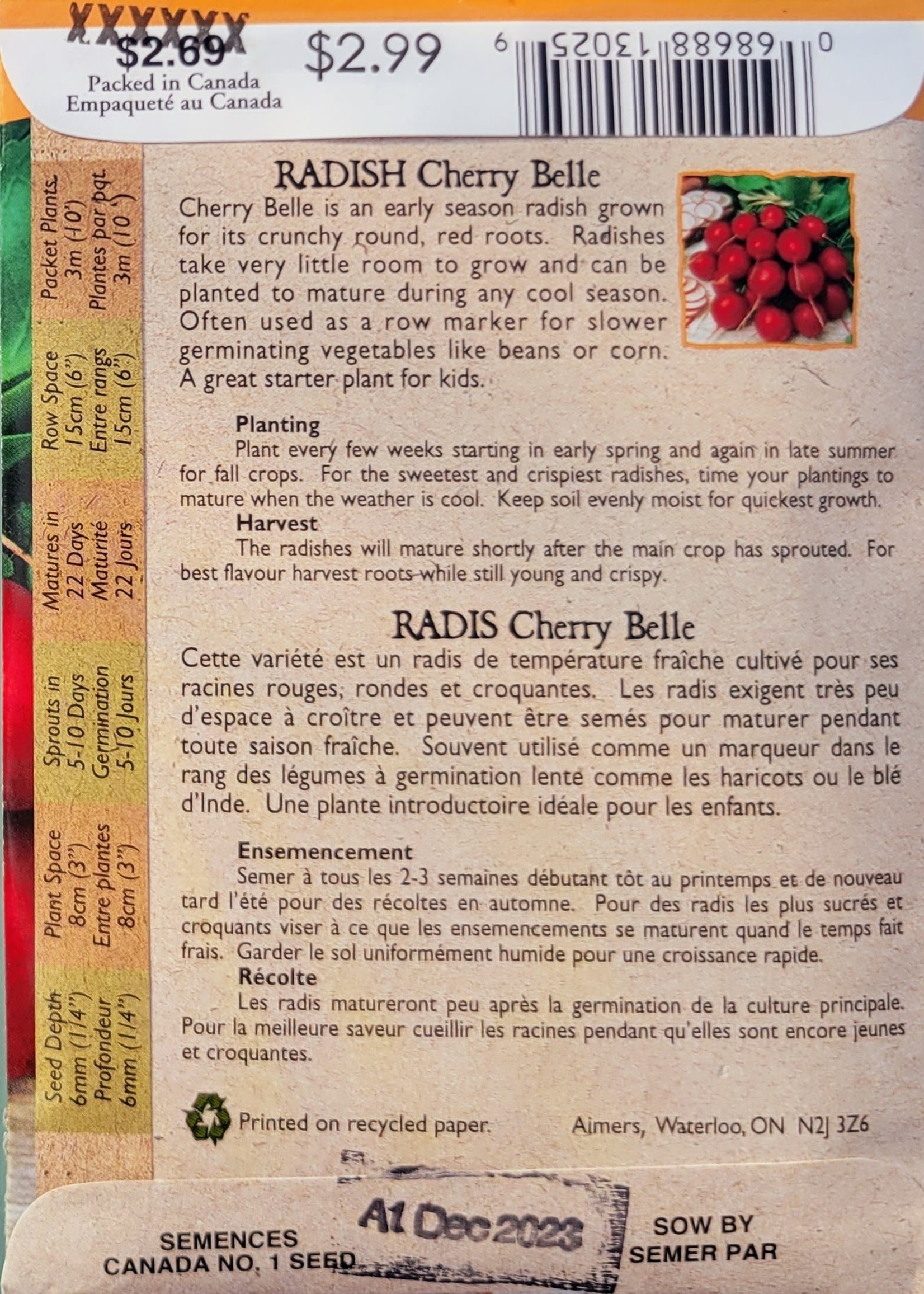 Aimers Organic Seeds Cherry Belle Radish Certified Organic