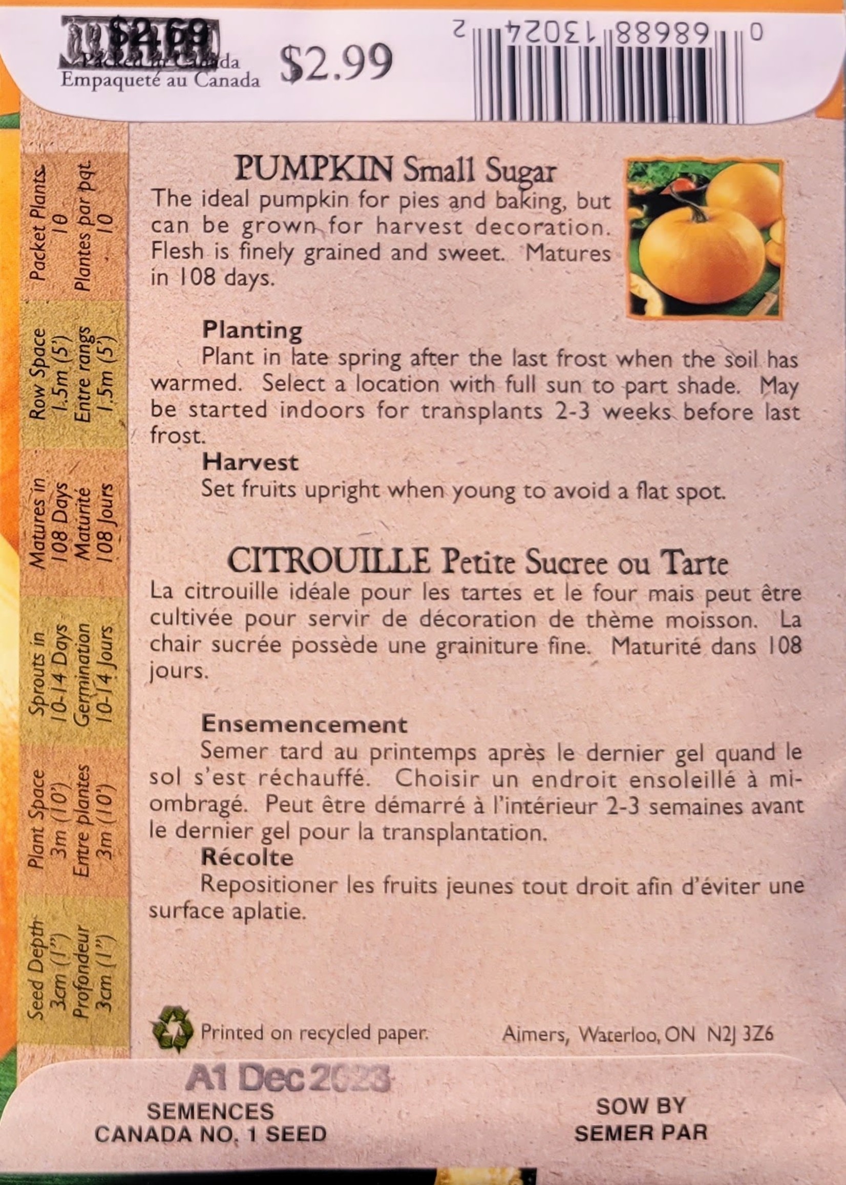 Aimers Organic Seeds Small Sugar Pumpkin Certified Organic