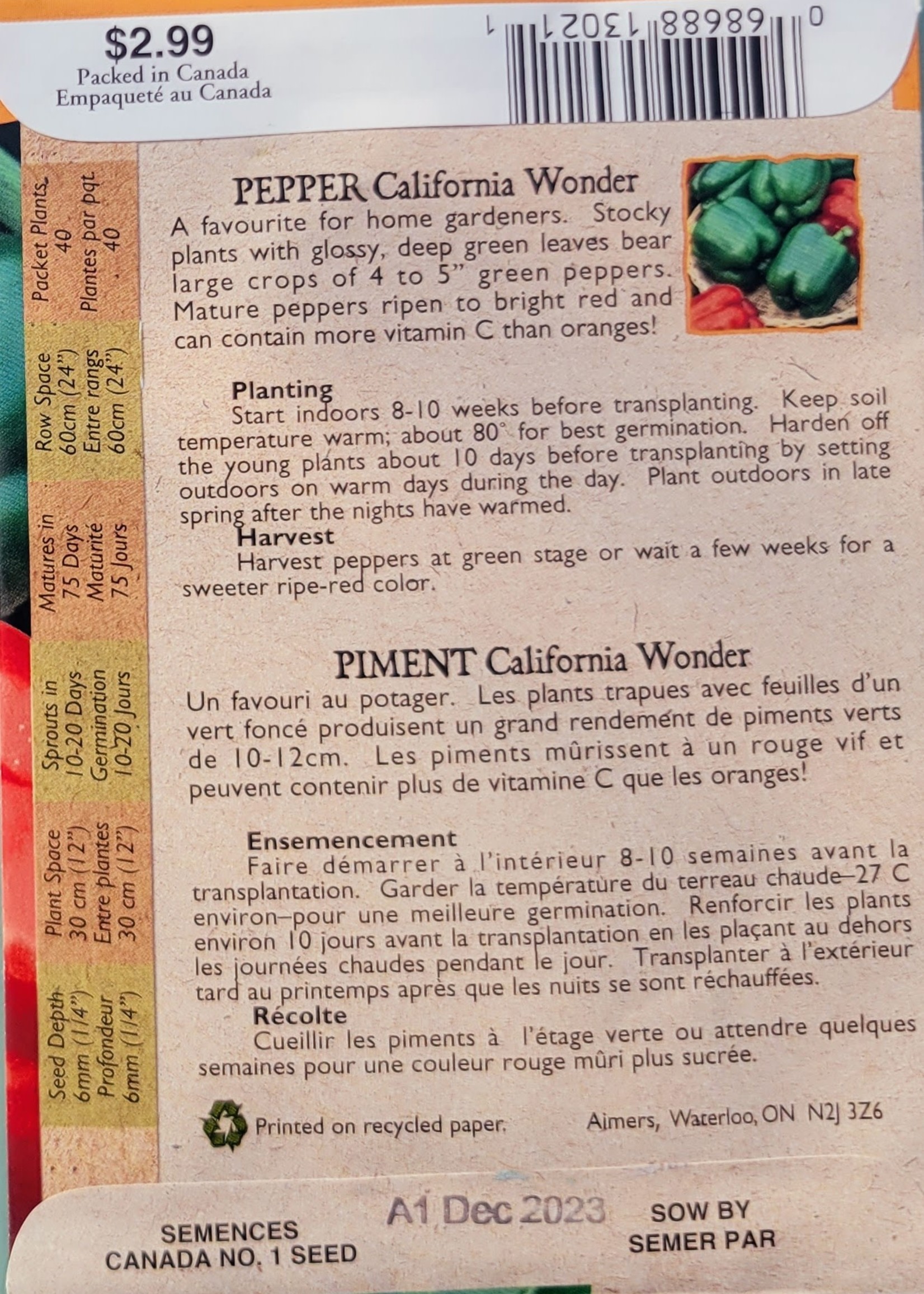 Aimers Organic Seeds California Wonder Pepper Certified Organic