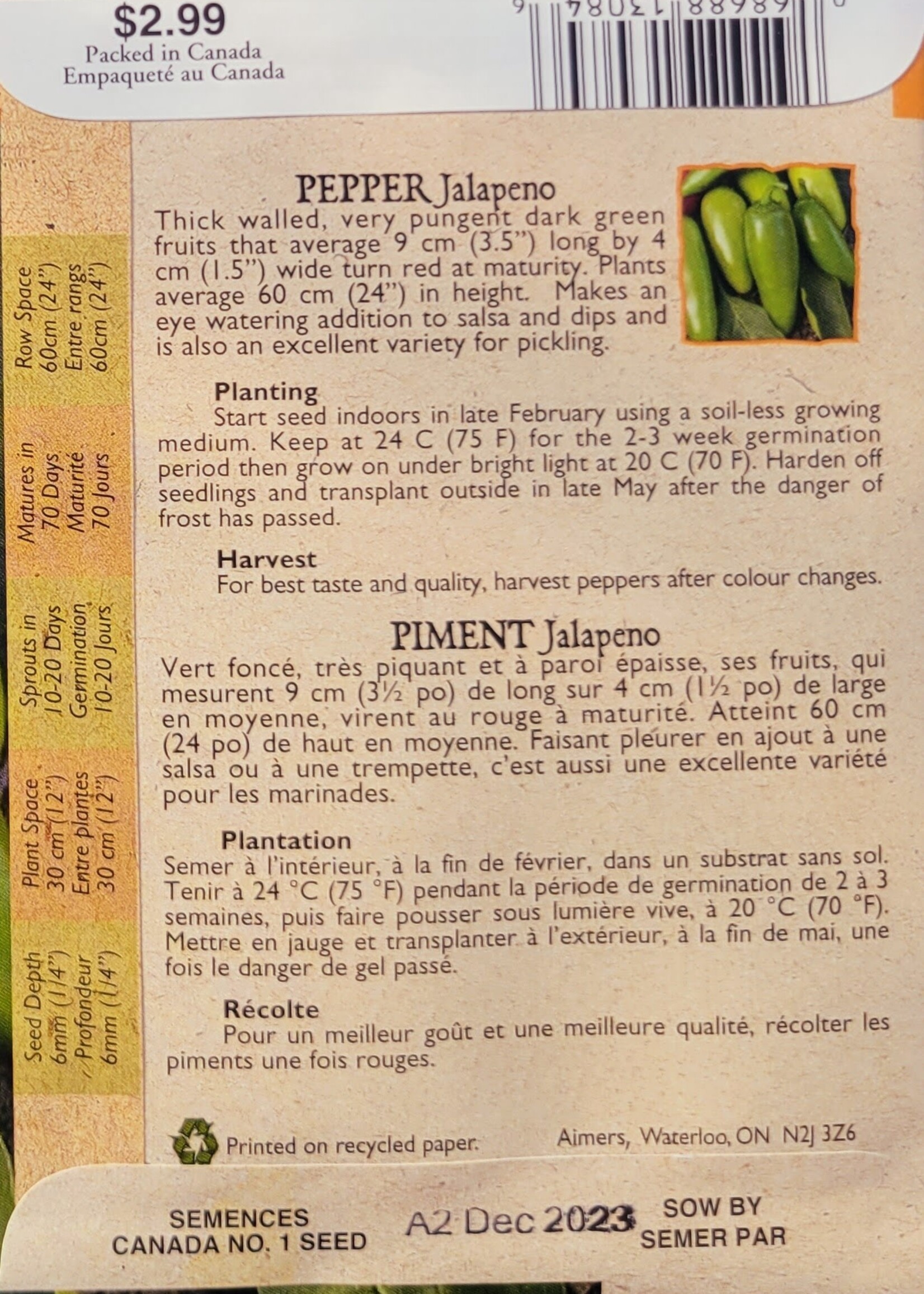 Aimers Organic Seeds Jalapeno Pepper Certified Organic