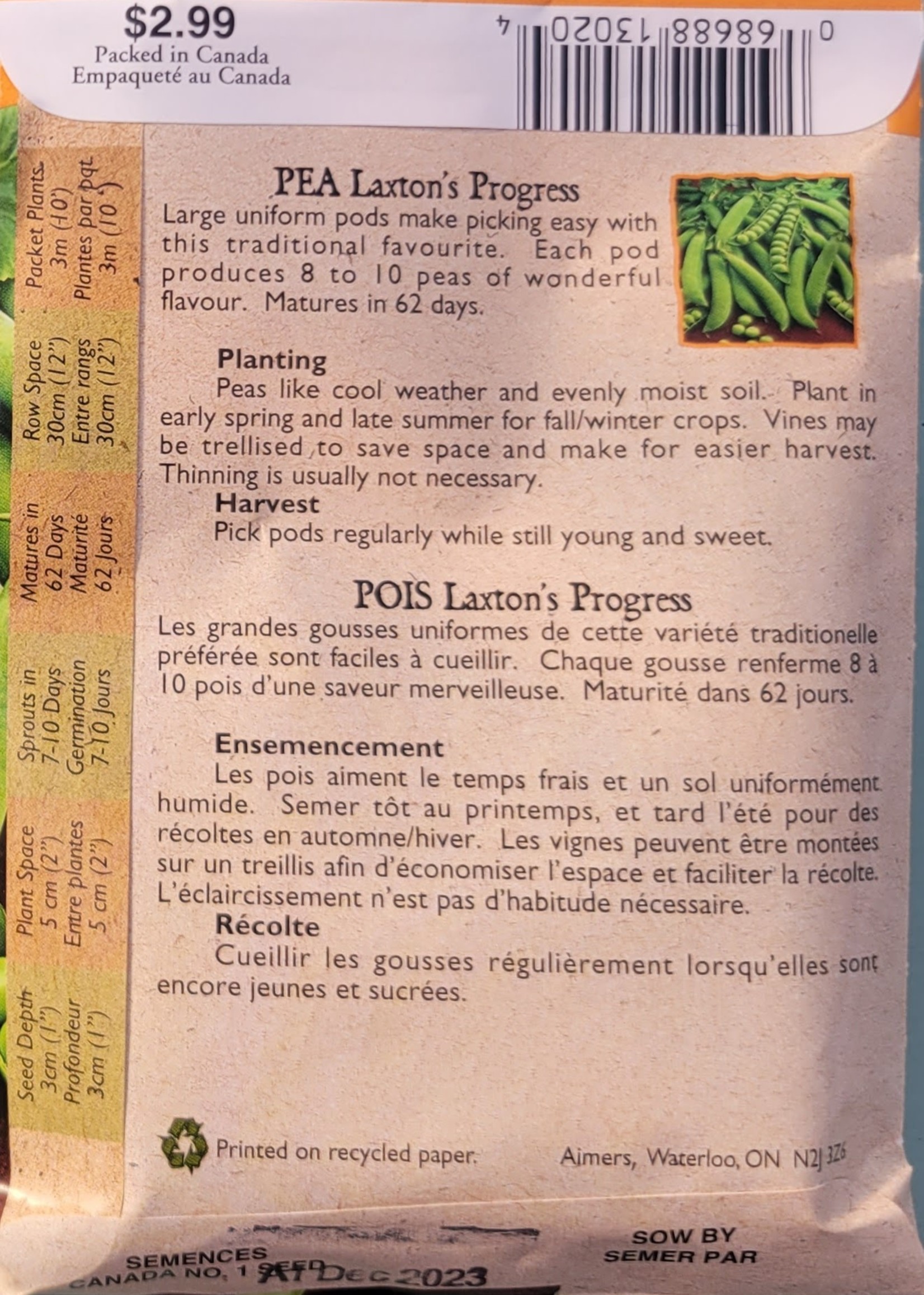Aimers Organic Seeds Laxton Progress Peas Certified Organic