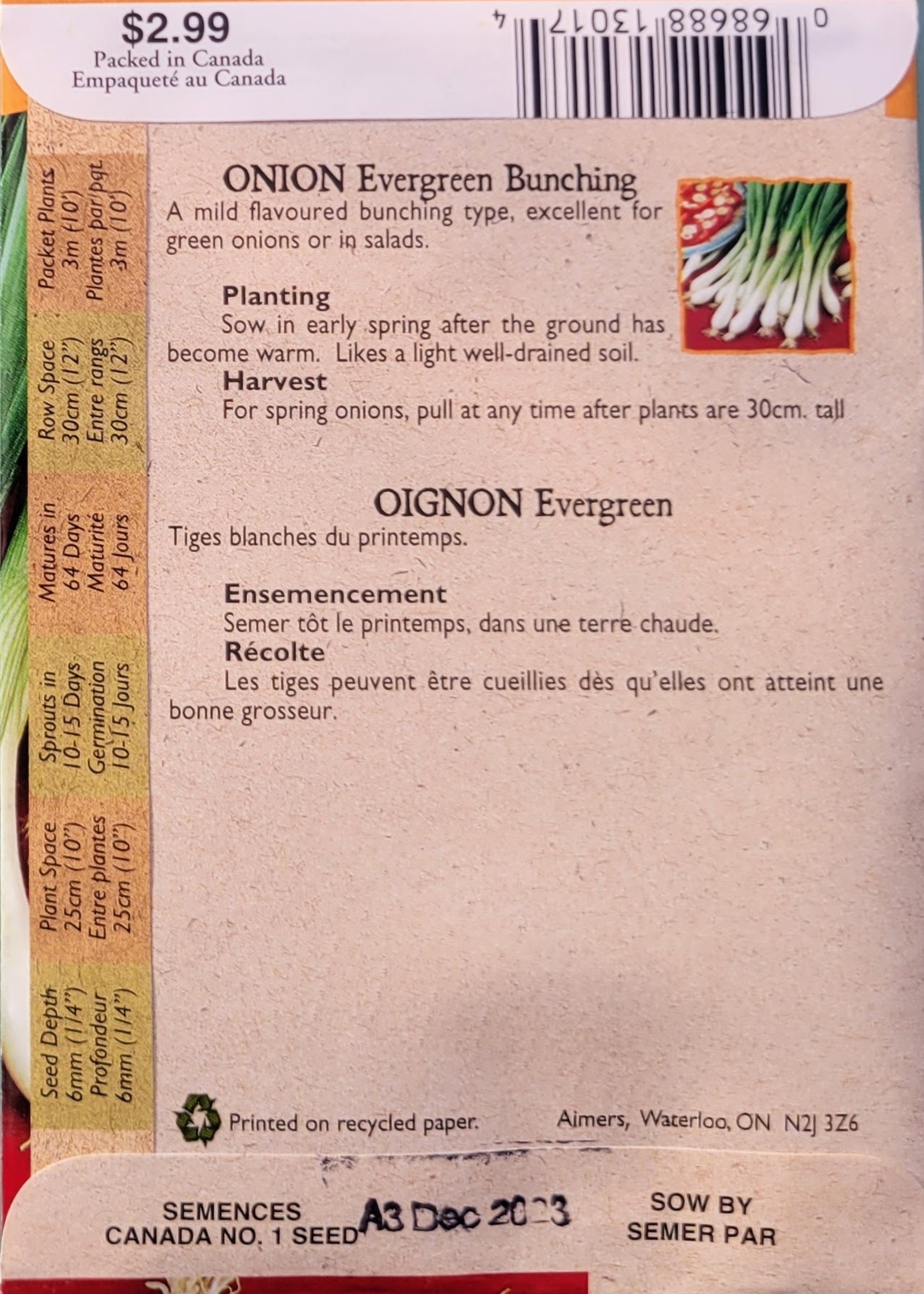 Aimers Organic Seeds Evergreen Bunching Onion Certified Organic