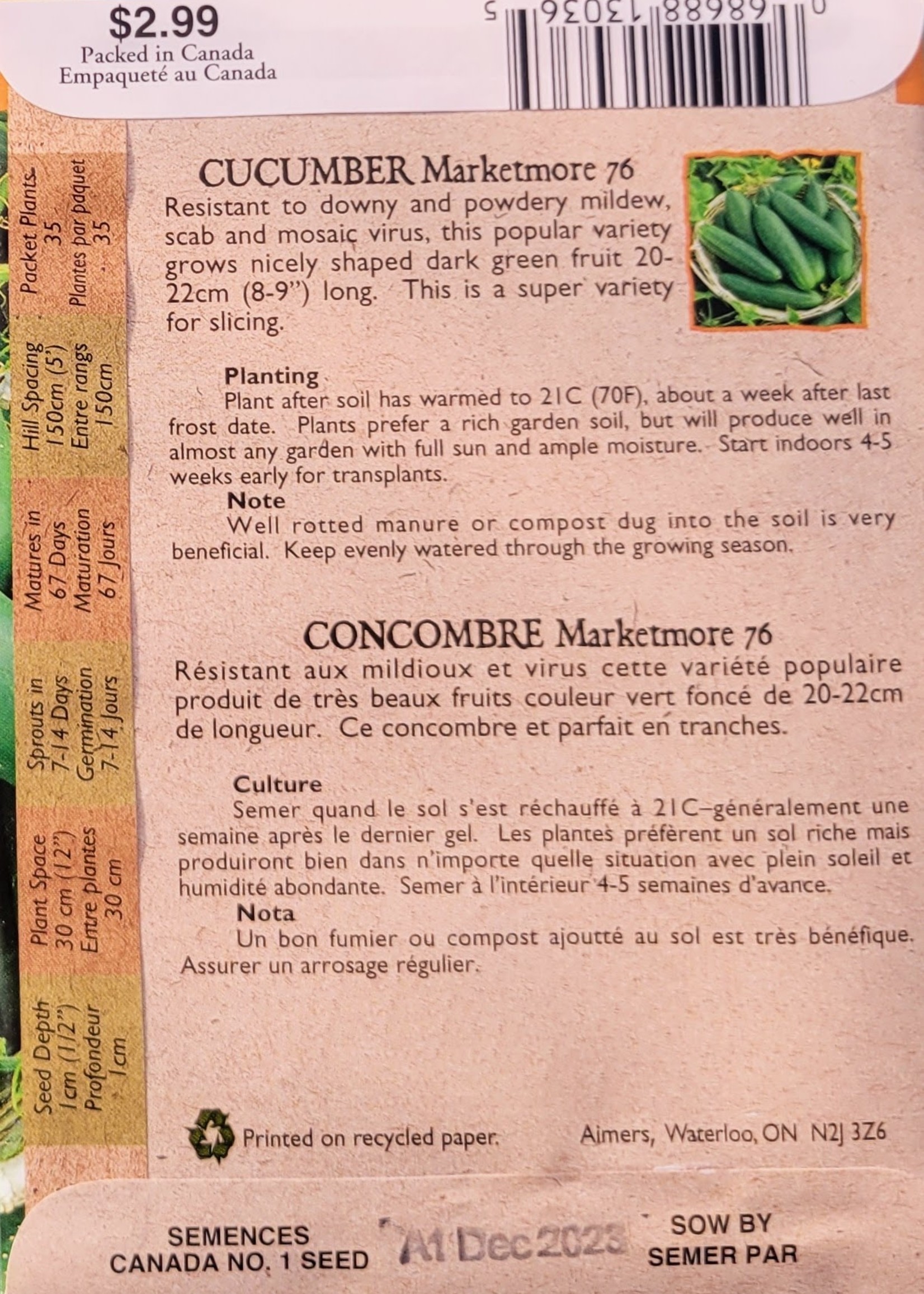 Aimers Organic Seeds Marketmore Cucumber Certified Organic