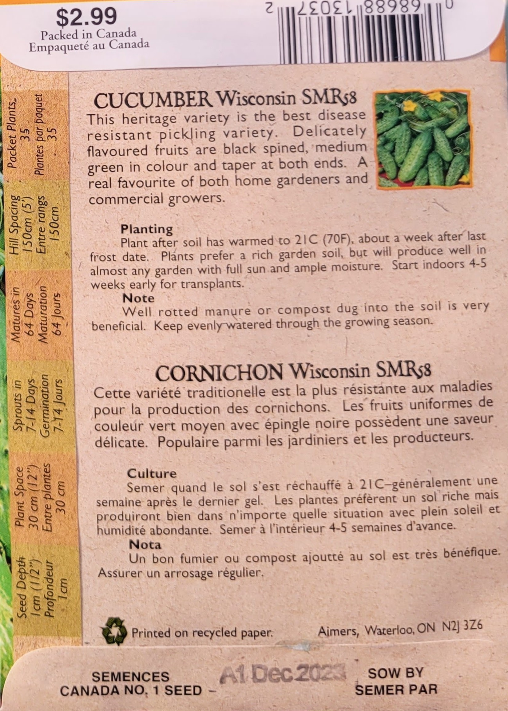 Aimers Organic Seeds Wisconsin Cucumber Certified Organic