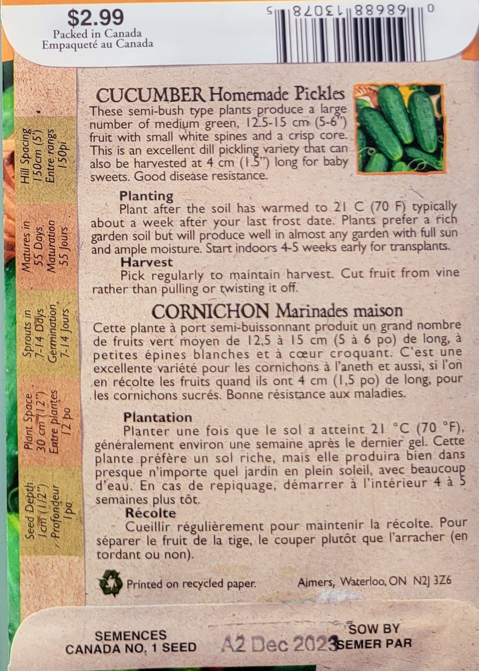 Aimers Organic Seeds Homemade Pickles Cucumber Certified Organic