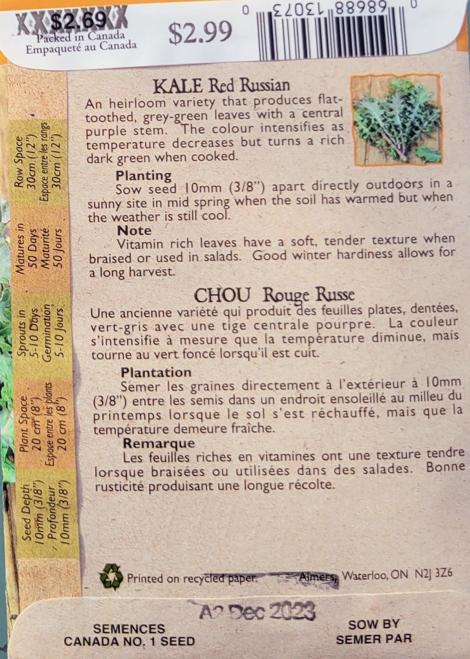 Aimers Organic Seeds Red Russian Kale Certified Organic