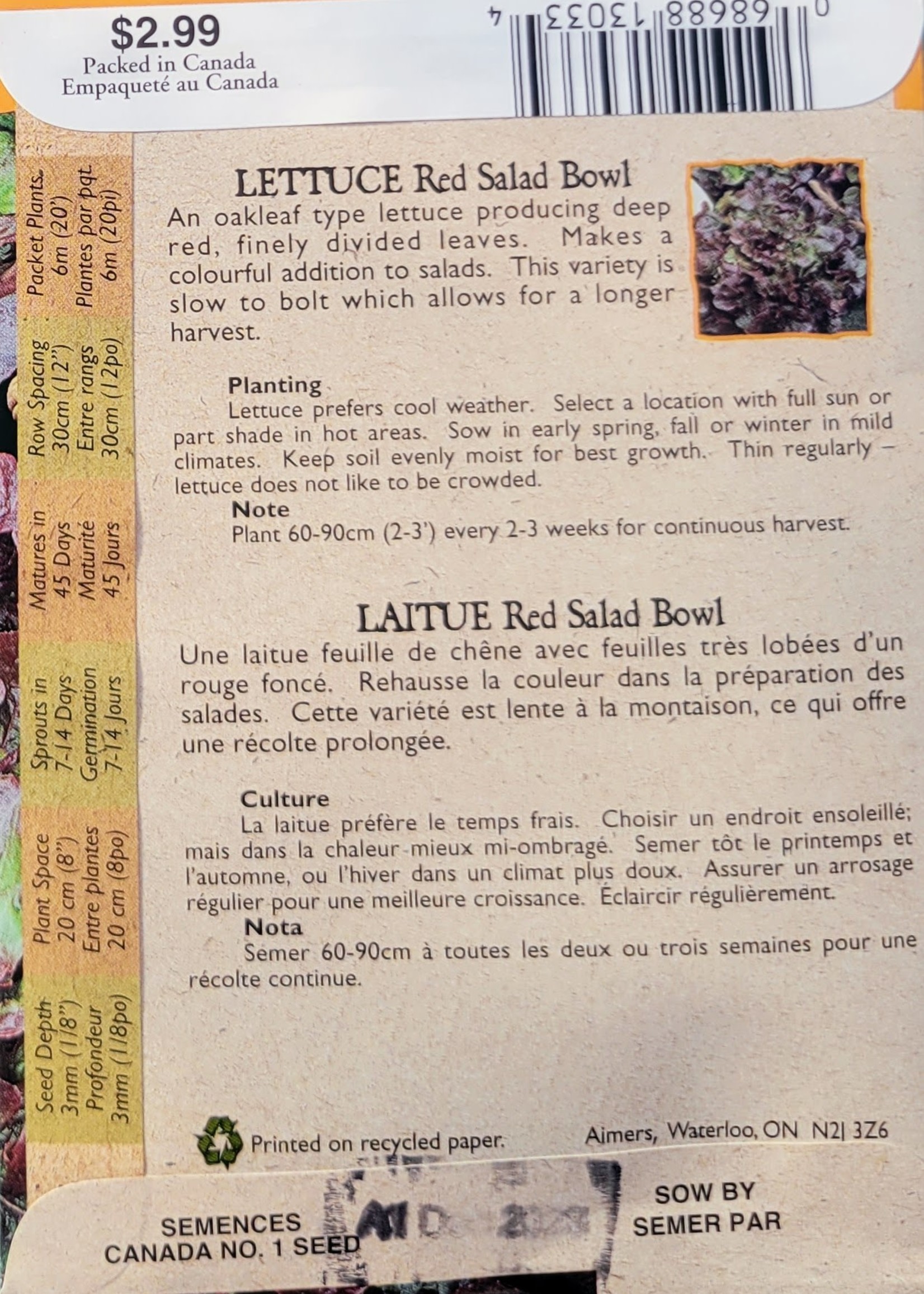 Aimers Organic Seeds Red Salad Bowl Lettuce Certified Organic