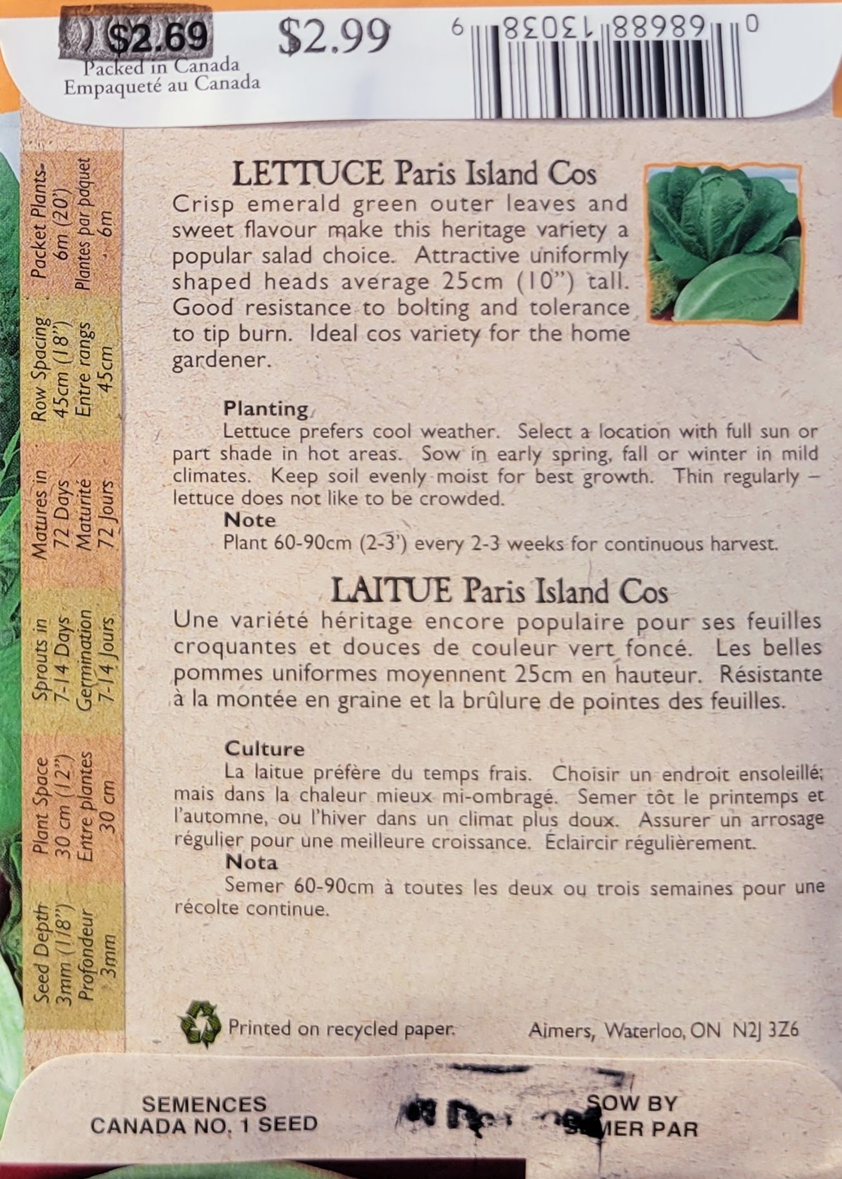 Aimers Organic Seeds Paris Island Cos Lettuce Certified Organic