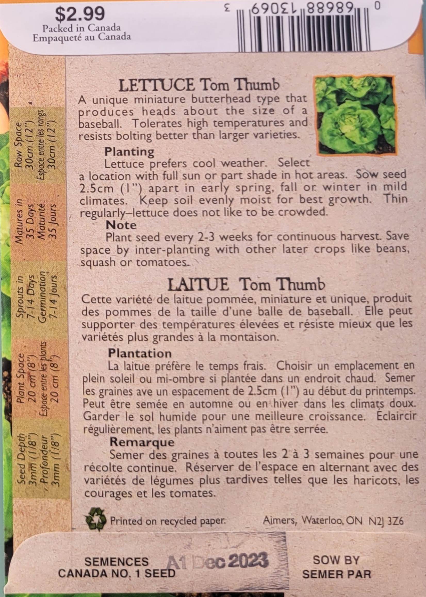 Aimers Organic Seeds Tom Thumb Lettuce Certified Organic