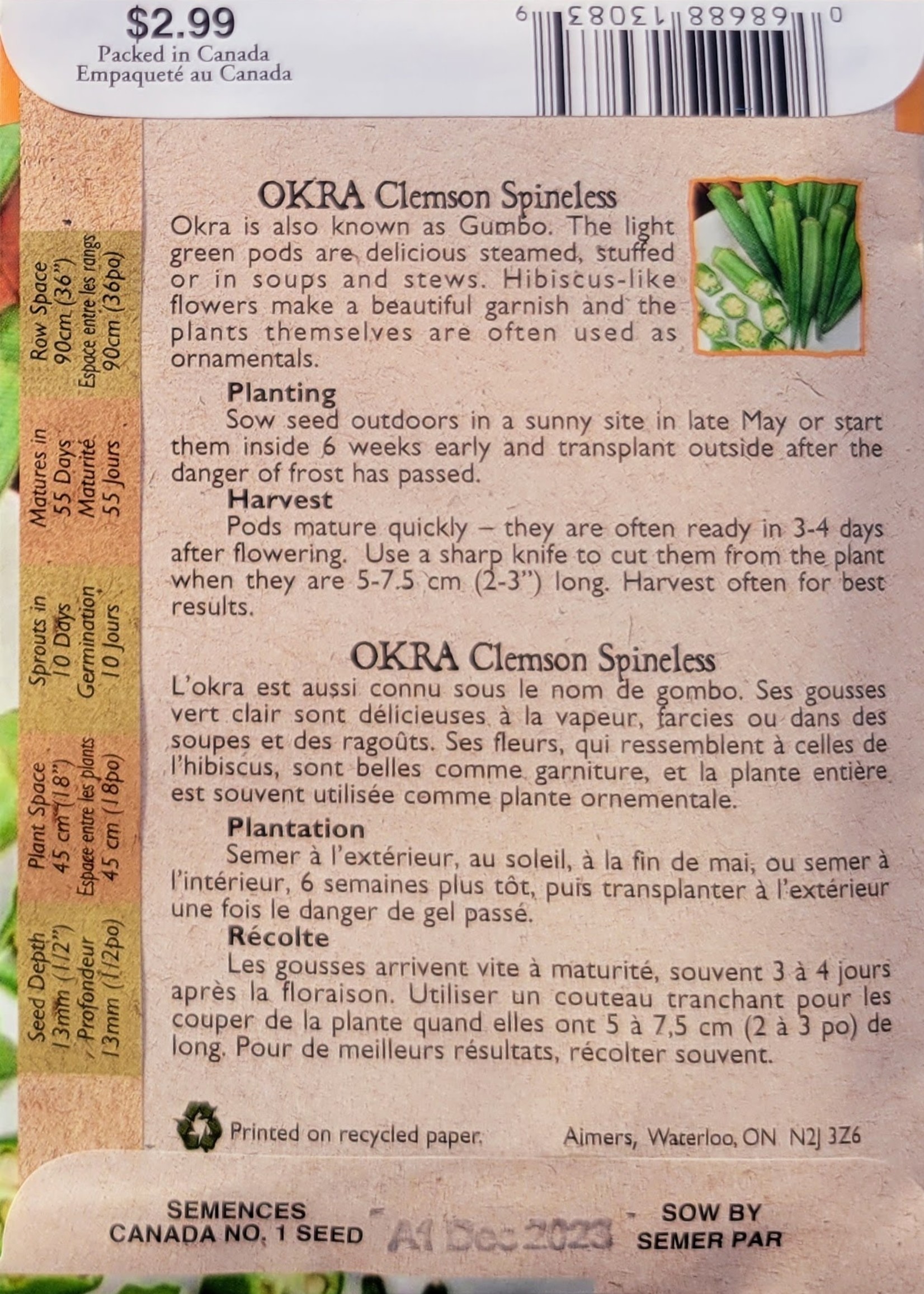 Aimers Organic Seeds Okra Certified Organic