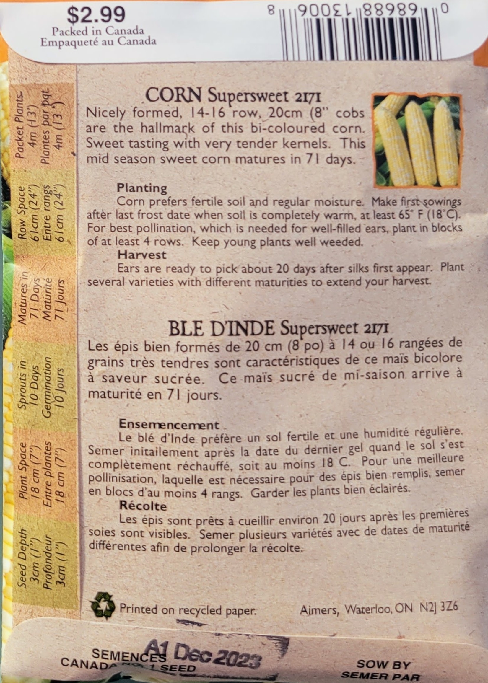 Aimers Organic Seeds Supersweet 2171 Corn Certified Organic