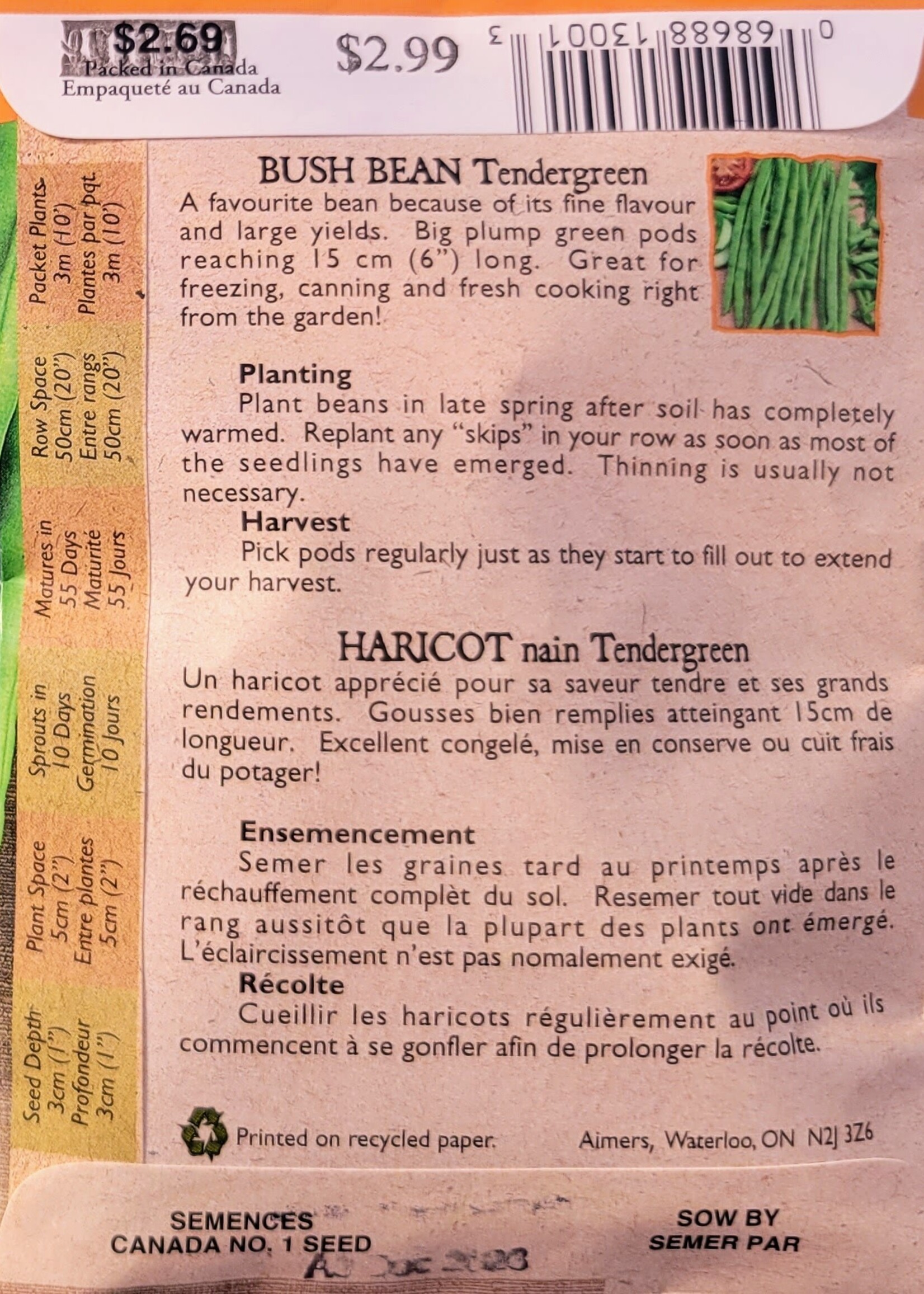 Aimers Organic Seeds Tendergreen Beans Certified Organic