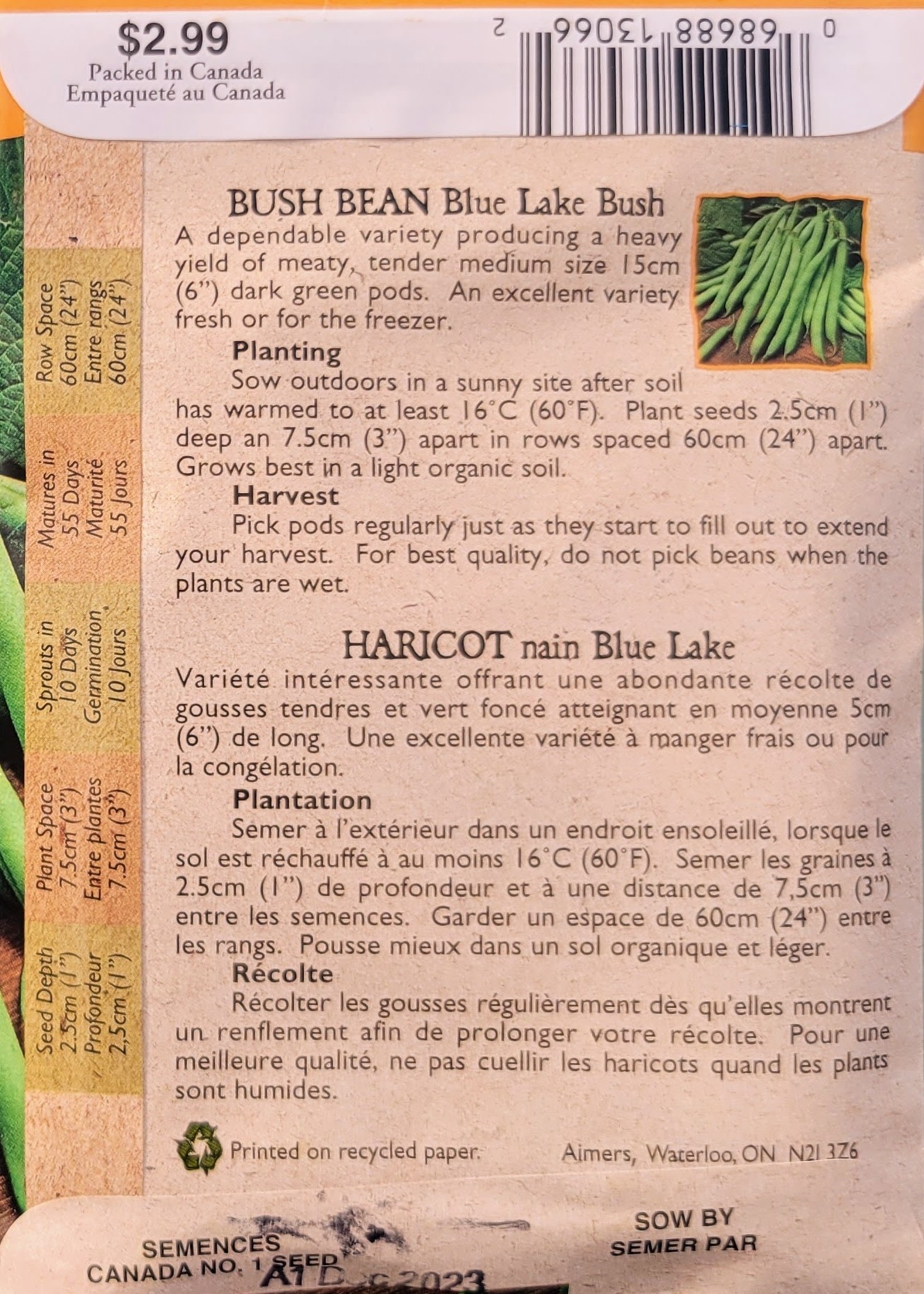 Aimers Organic Seeds Bush Blue Lake Bean Certified Organic