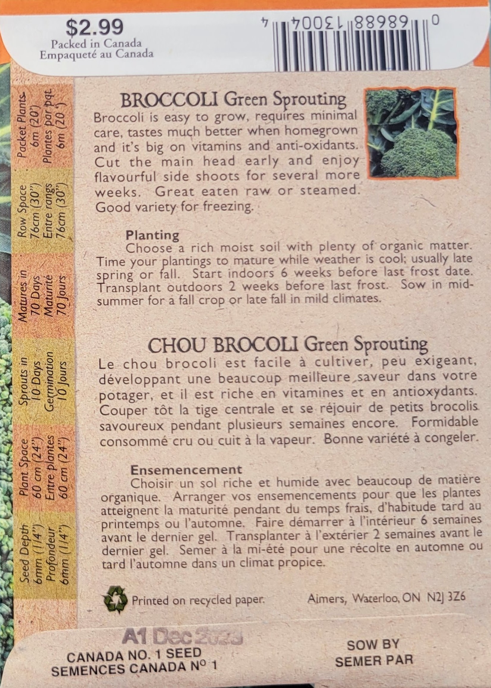 Aimers Organic Seeds Green Sprouting Broccoli Certified Organic