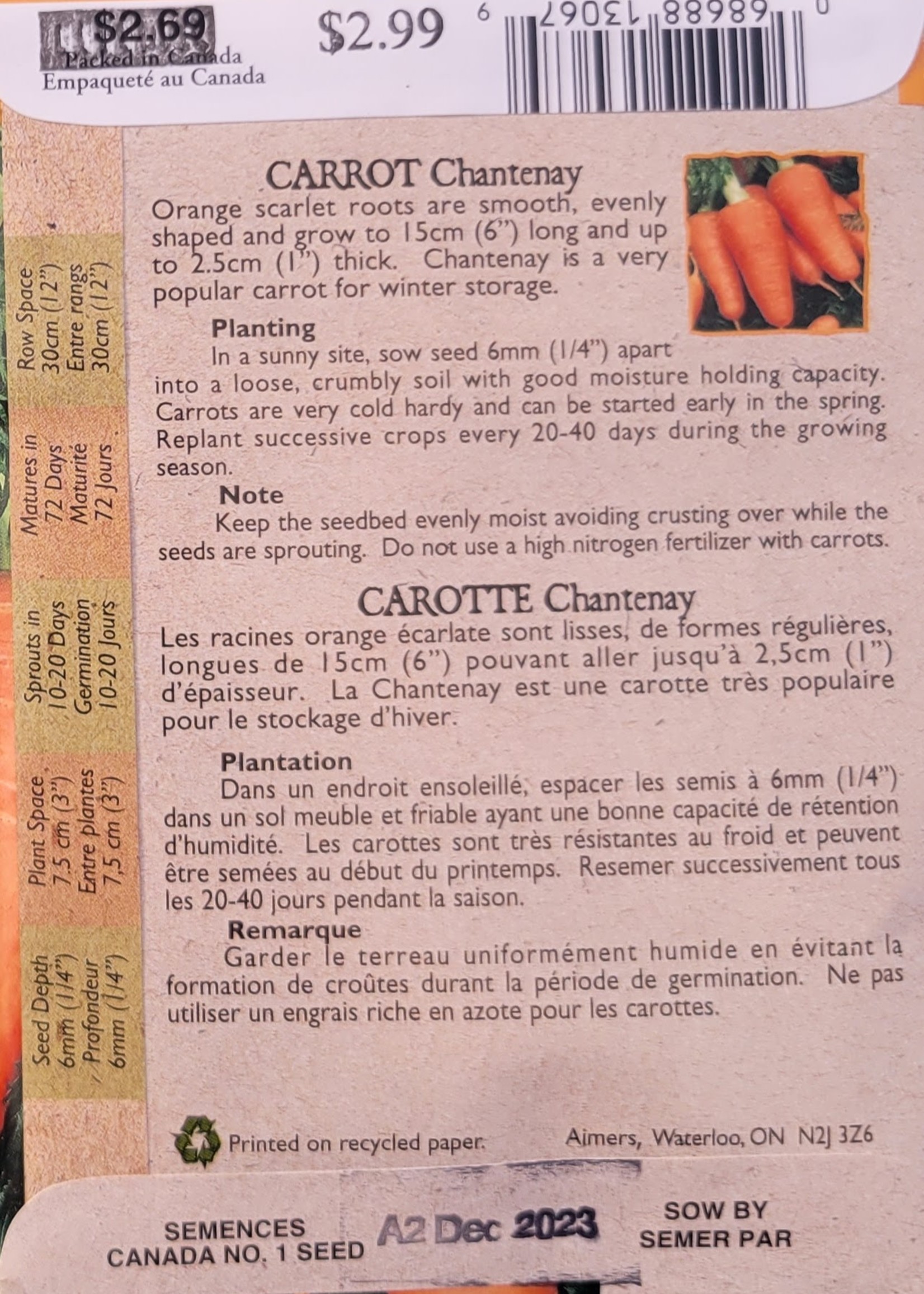 Aimers Organic Seeds Chantenay Carrot Certified Organic