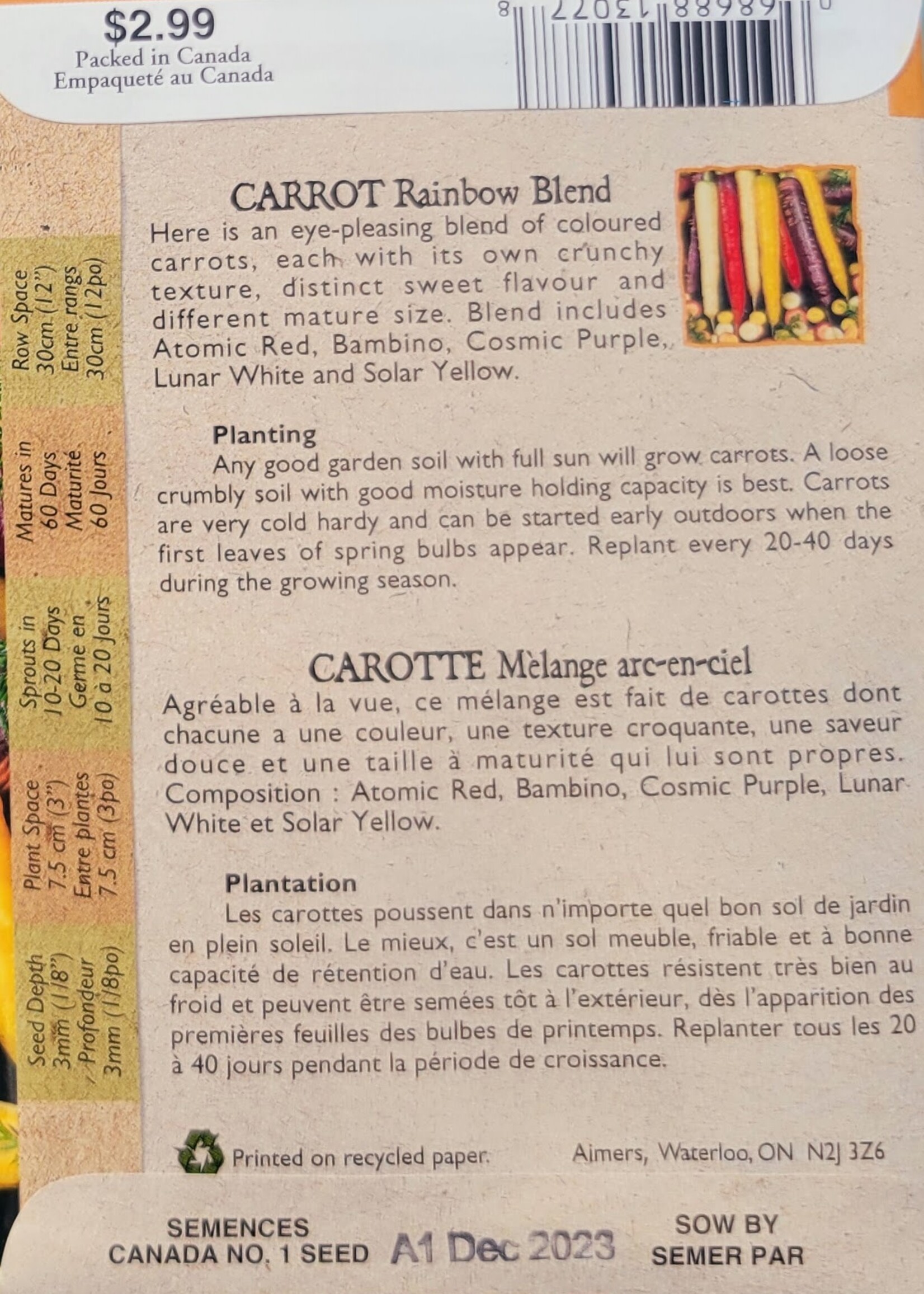 Aimers Organic Seeds Rainbow Blend Carrots Certified Organic