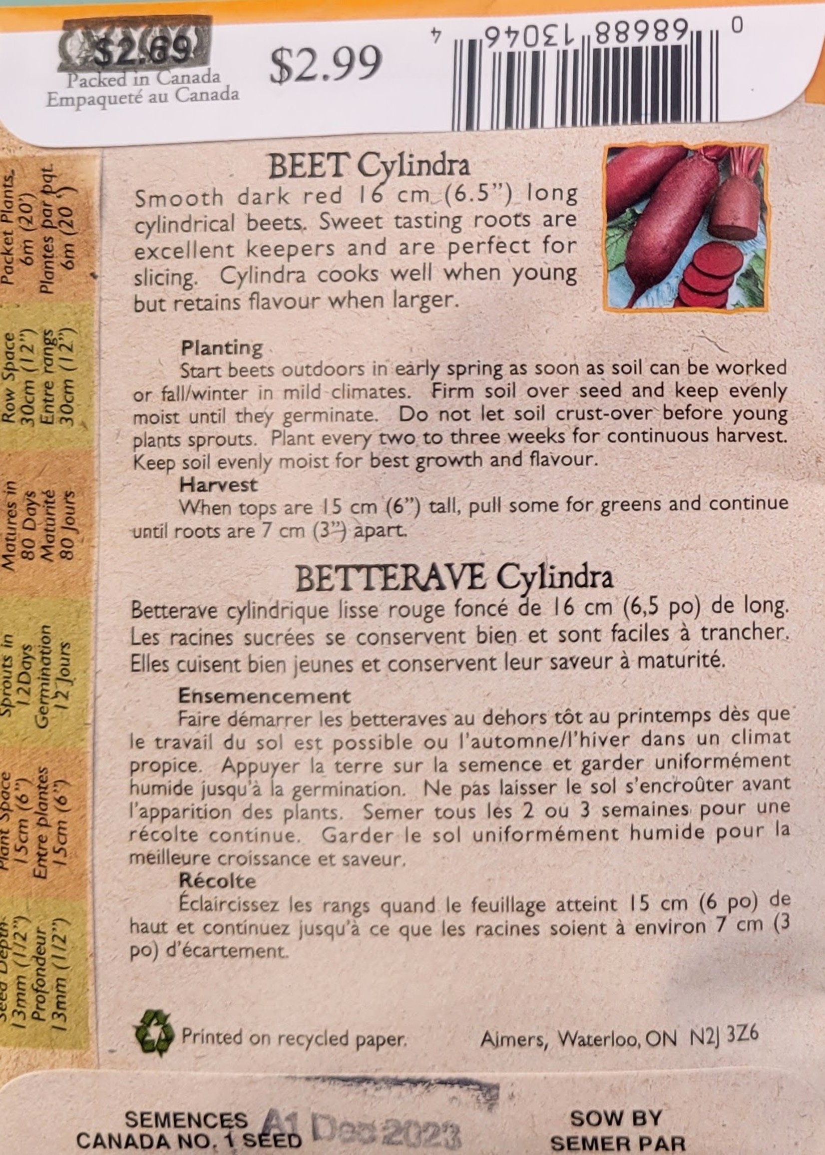 Aimers Organic Seeds Cylindra Beets Certified Organic